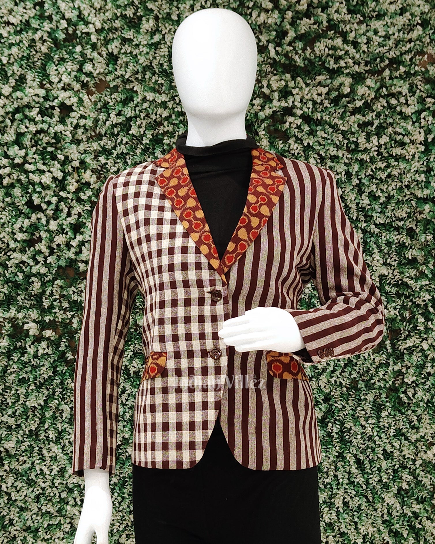 IndianVillèz Maroon White Kotpad Odisha Ikat Women's Designer Blazer