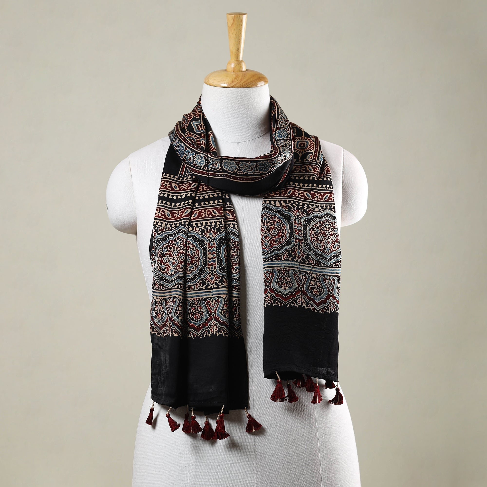 RIYAZ ABDULMAJID KHATRI - AJRAKH Black - Ajrakh Hand Block Printed Modal Silk Stole with Tassels