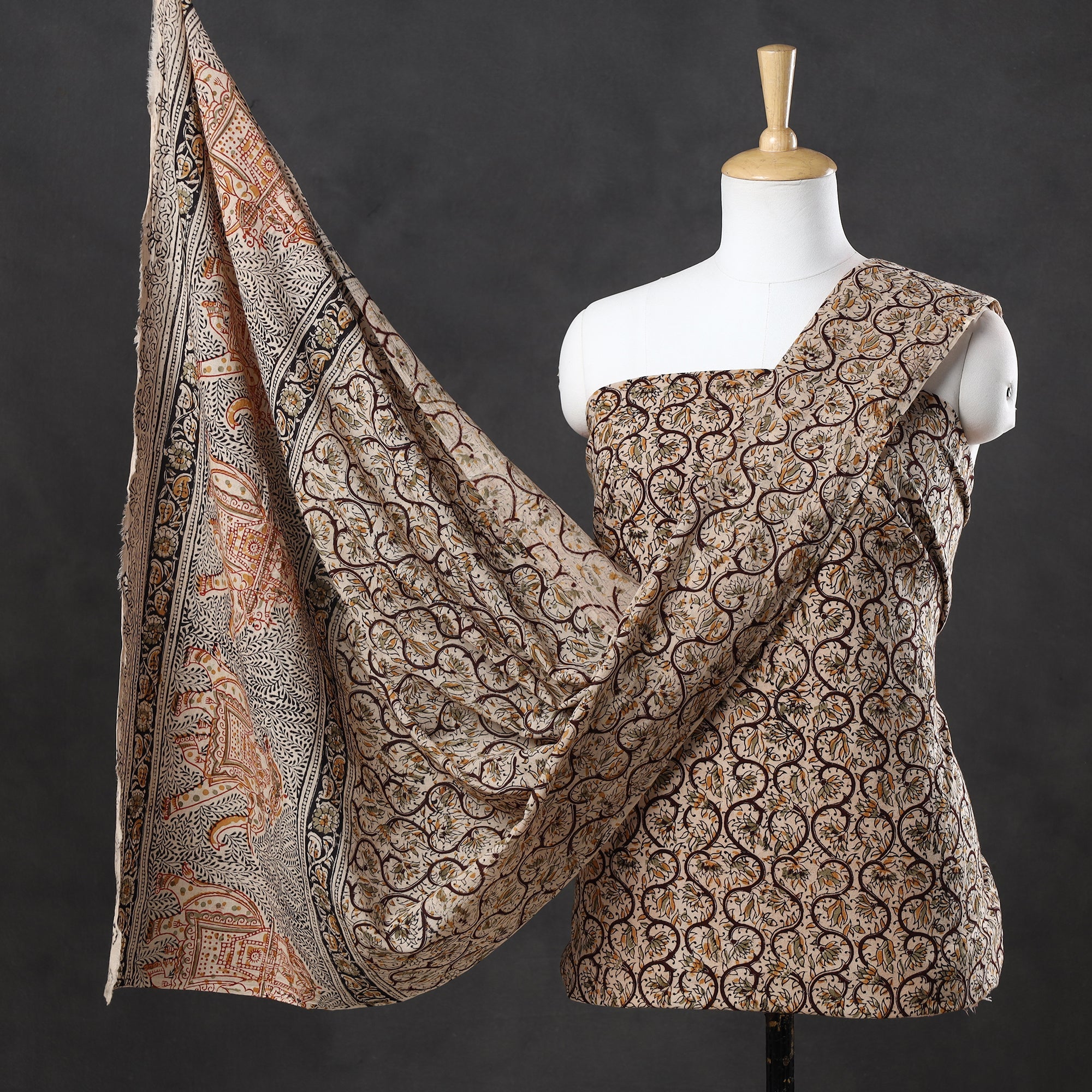 VENKATA BHANU KALAMKARI PEDANA Brown - 2pc Pedana Kalamkari Block Printed Cotton Suit Material Set 05