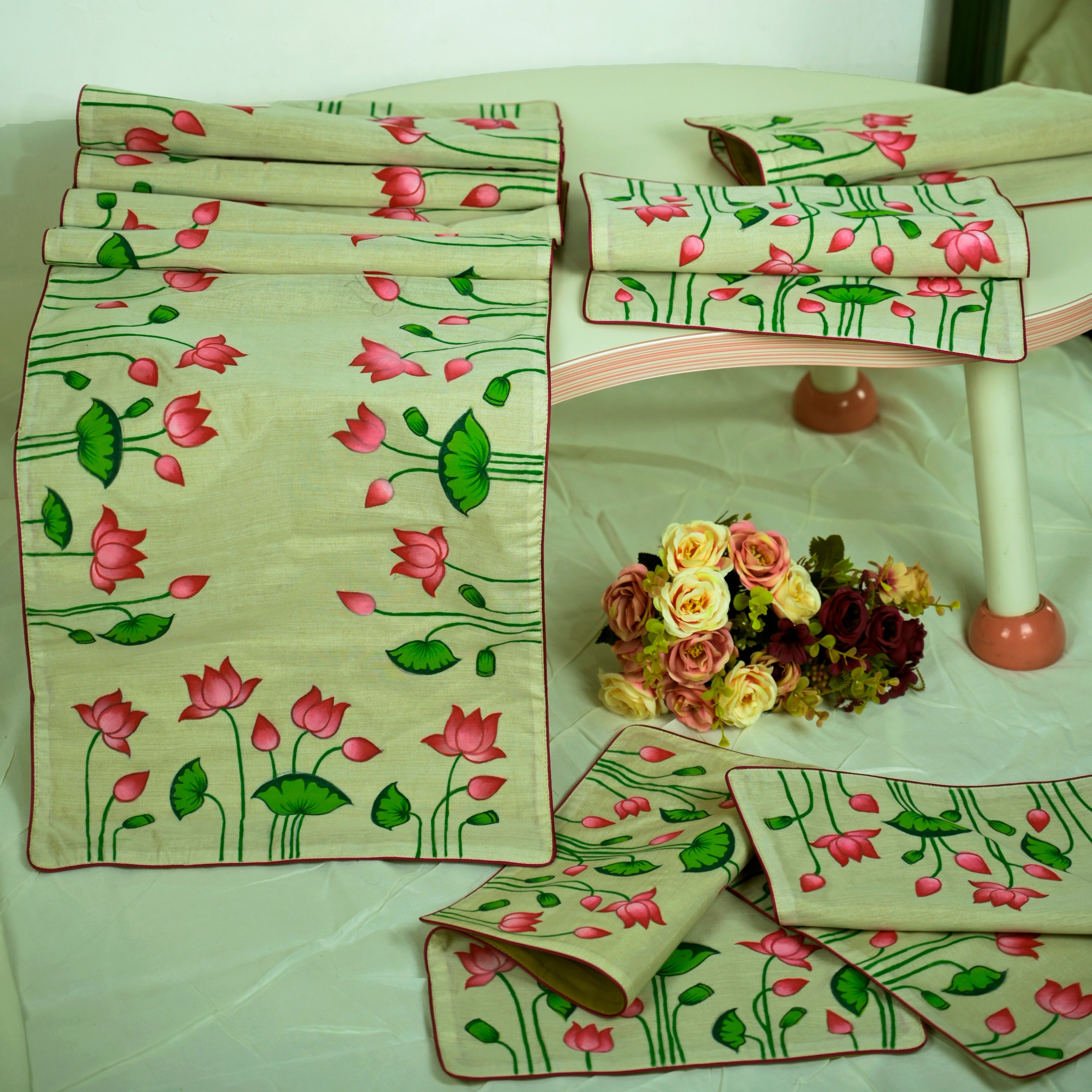 DIORAMA DESIGNS Madhubani Handpainted Chanderi Table Runner & Table Mats Set