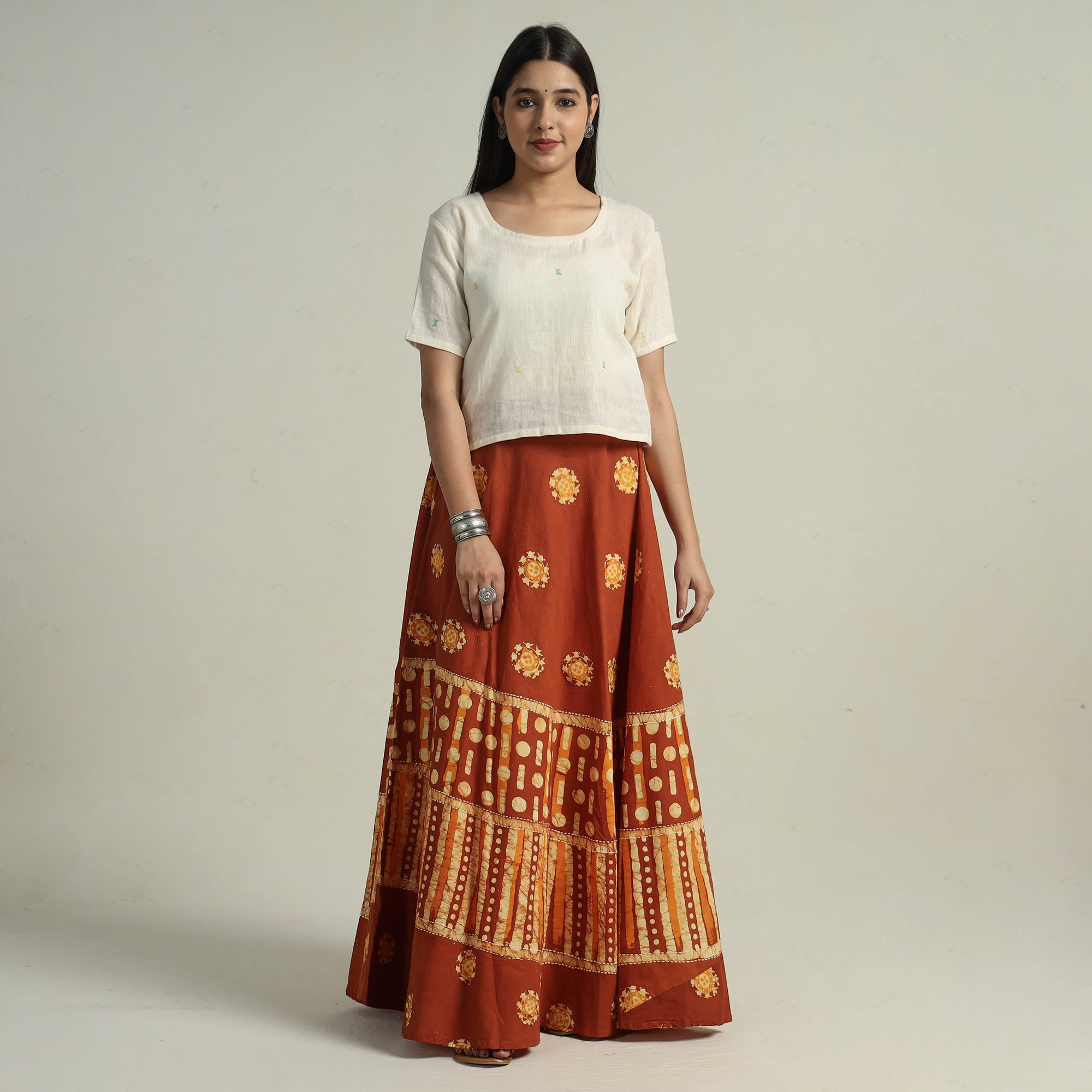 KACHCHH JI CHHAAP Brown - Hand Batik Printed Running Stitch Cotton Long Skirt 03