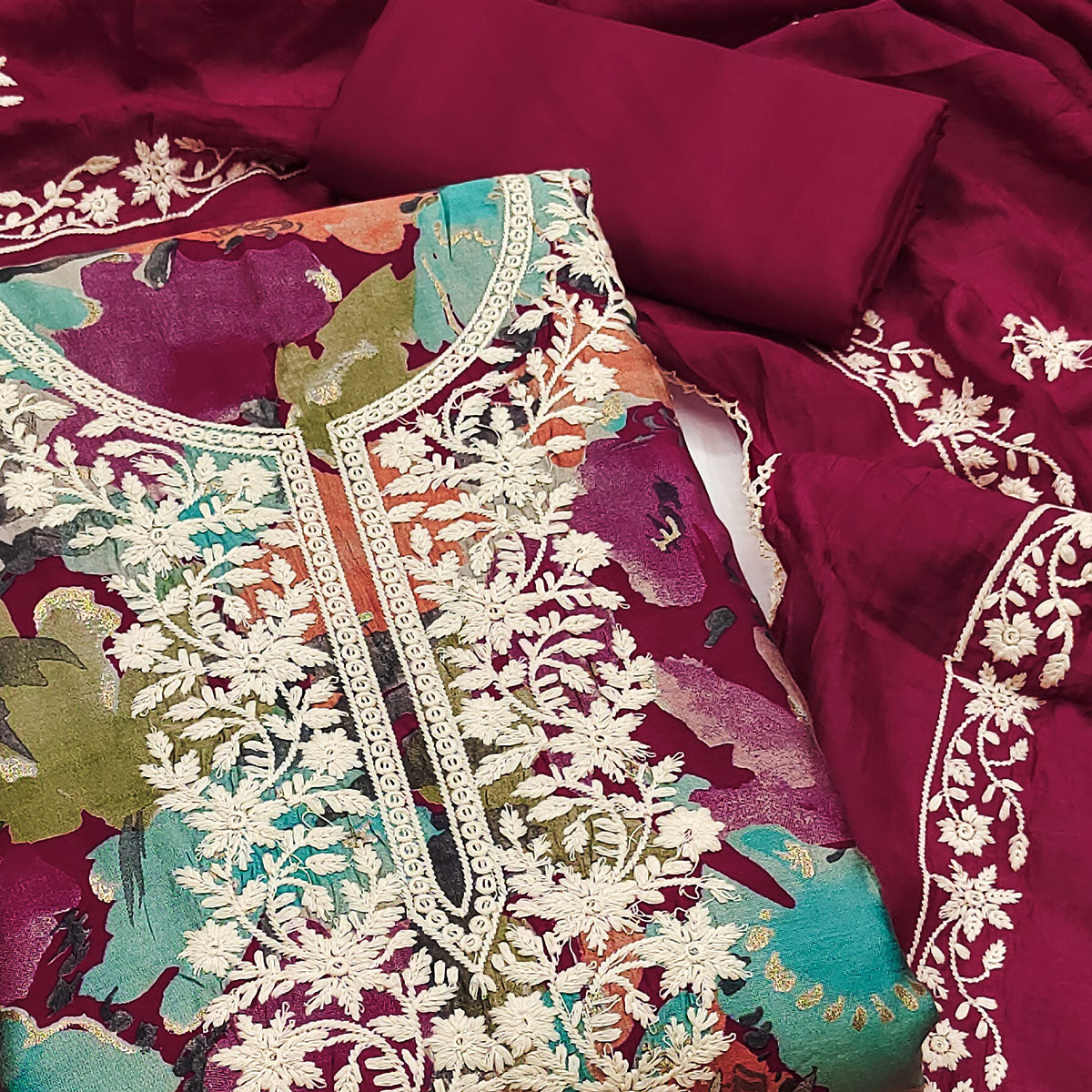 Peachmode Dark Magneta Floral Embroidery With Printed Cotton Silk Dress Material - view 2