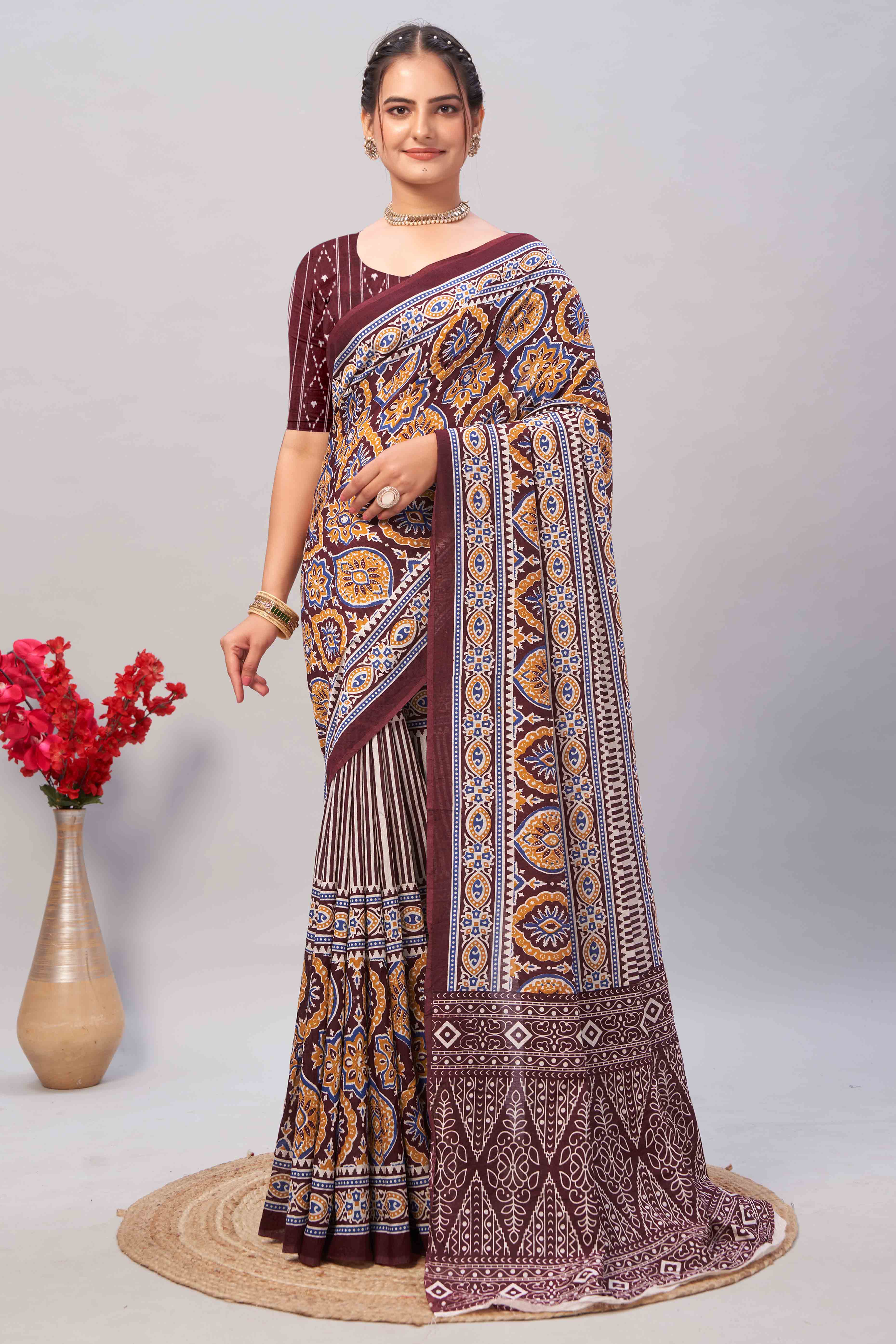 Peachmode Dark Maroon Ajrakh Printed Cotton Blend Saree