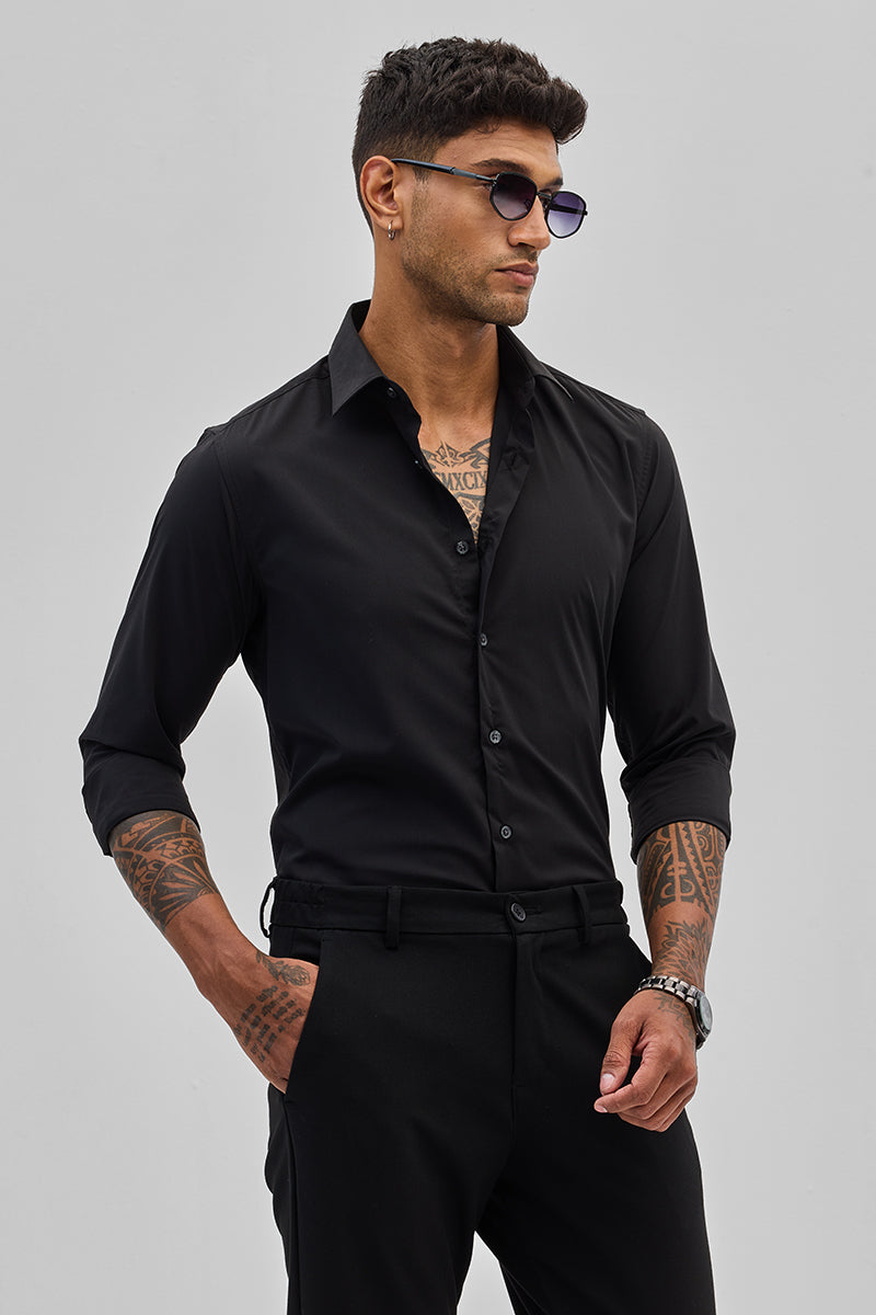 SNITCH Black Slim Fit Stretch Shirt