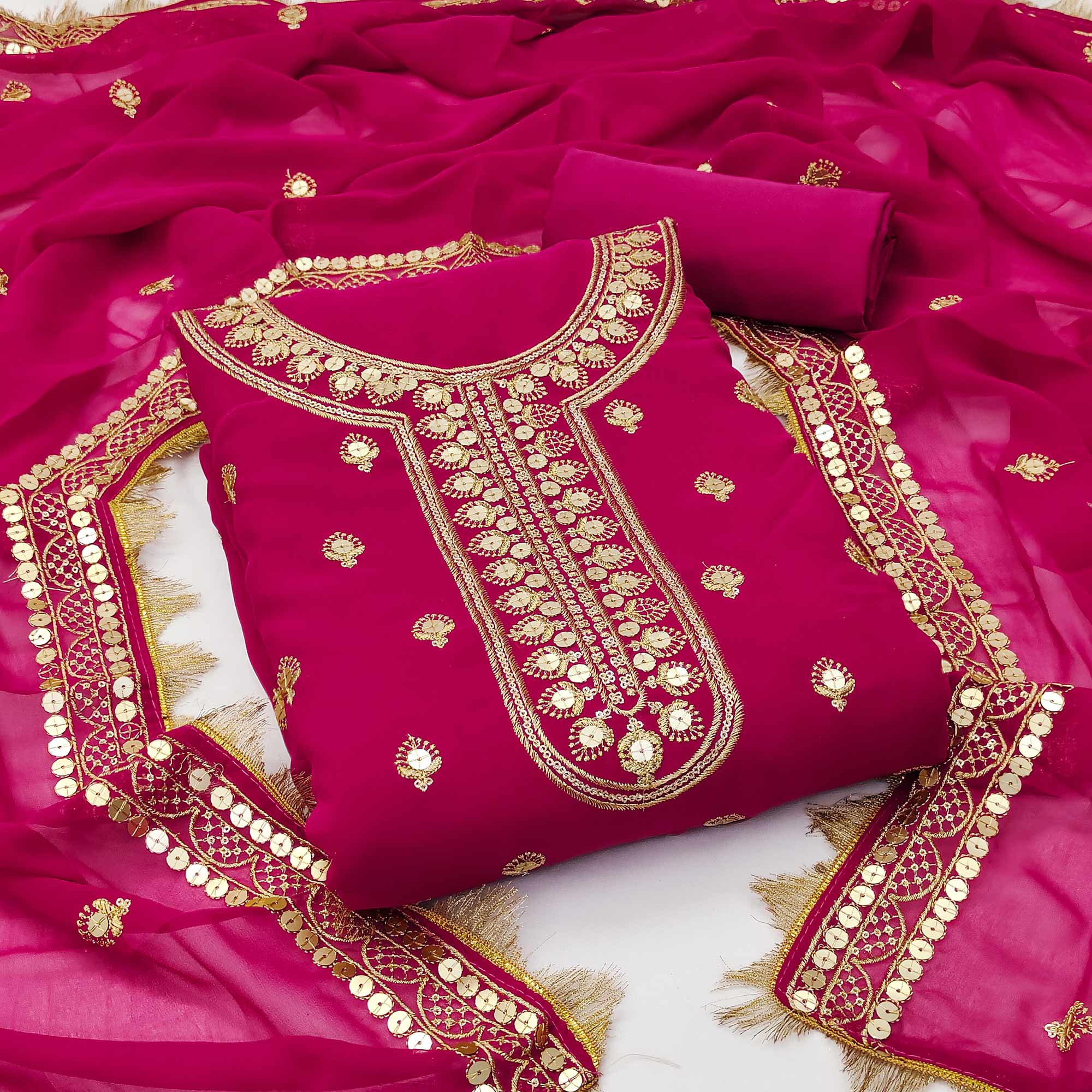 Peachmode Magenta Pink Embroidered Georgette Dress Material