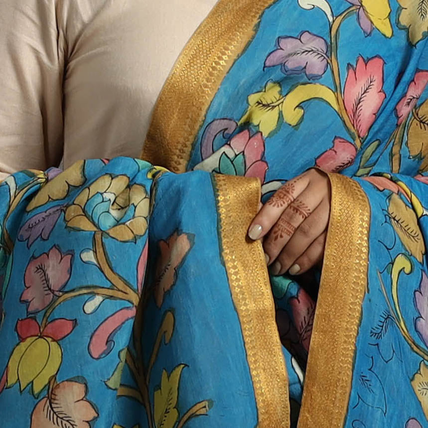 SOUTH KARGHA Blue - Chanderi Silk Srikalahasti Handpainted Pen Kalamkari Dupatta 55 - view 4