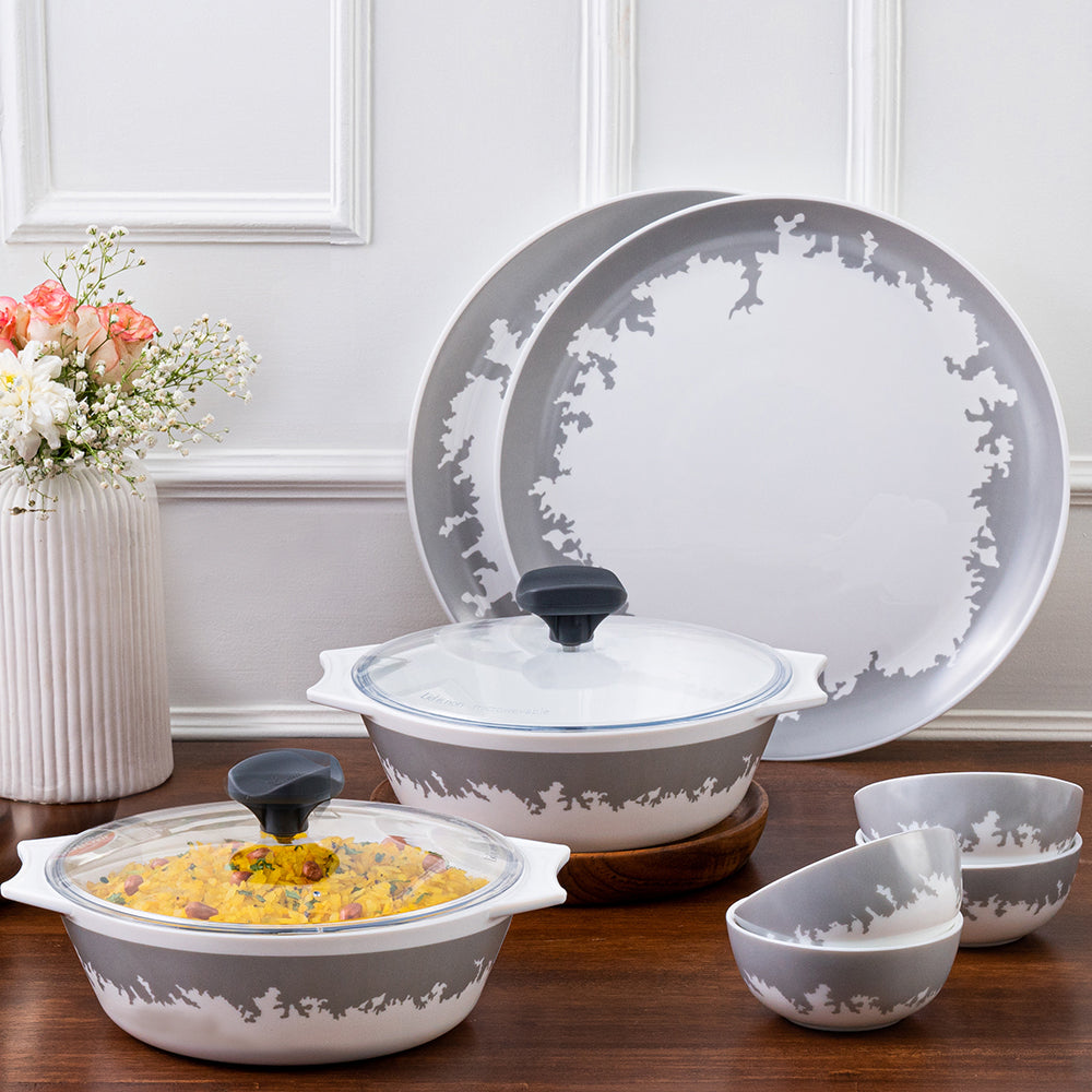 My Borosil Larah by Borosil Daily Delight - Silver Luna 6 Full Plates + 6 Veg Bowls + 2 Opal Casseroles + 2 Plastic Lid - view 5