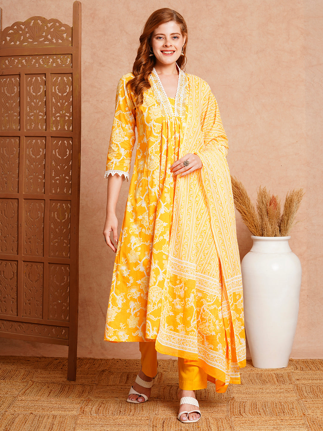 FASHOR Floral Printed & Embroidered A-Line Paneled Kurta with Pant and Dupatta - Yellow