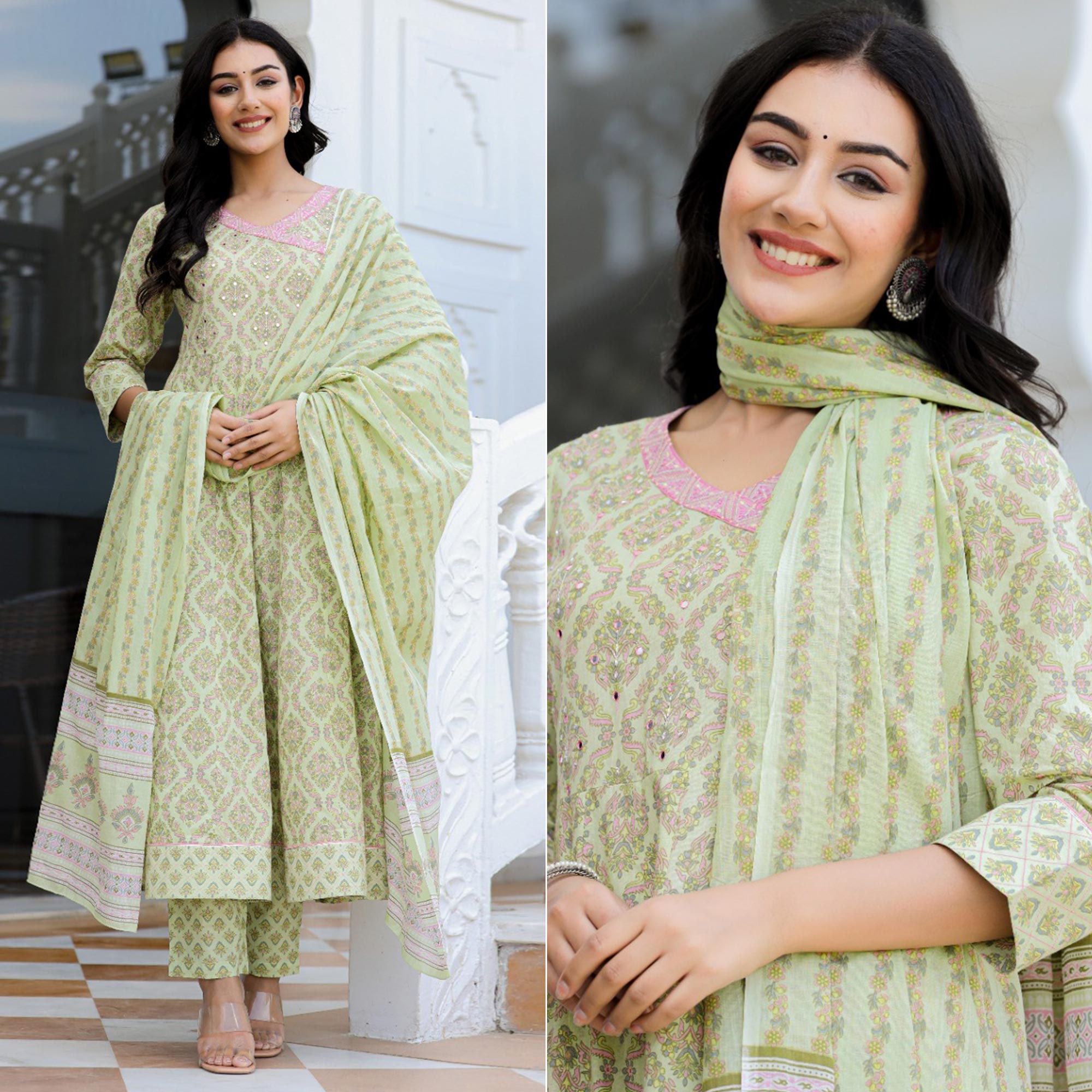 Green salwar suits – BlackTree green-floral-printed-pure-cotton-anarkali-suit