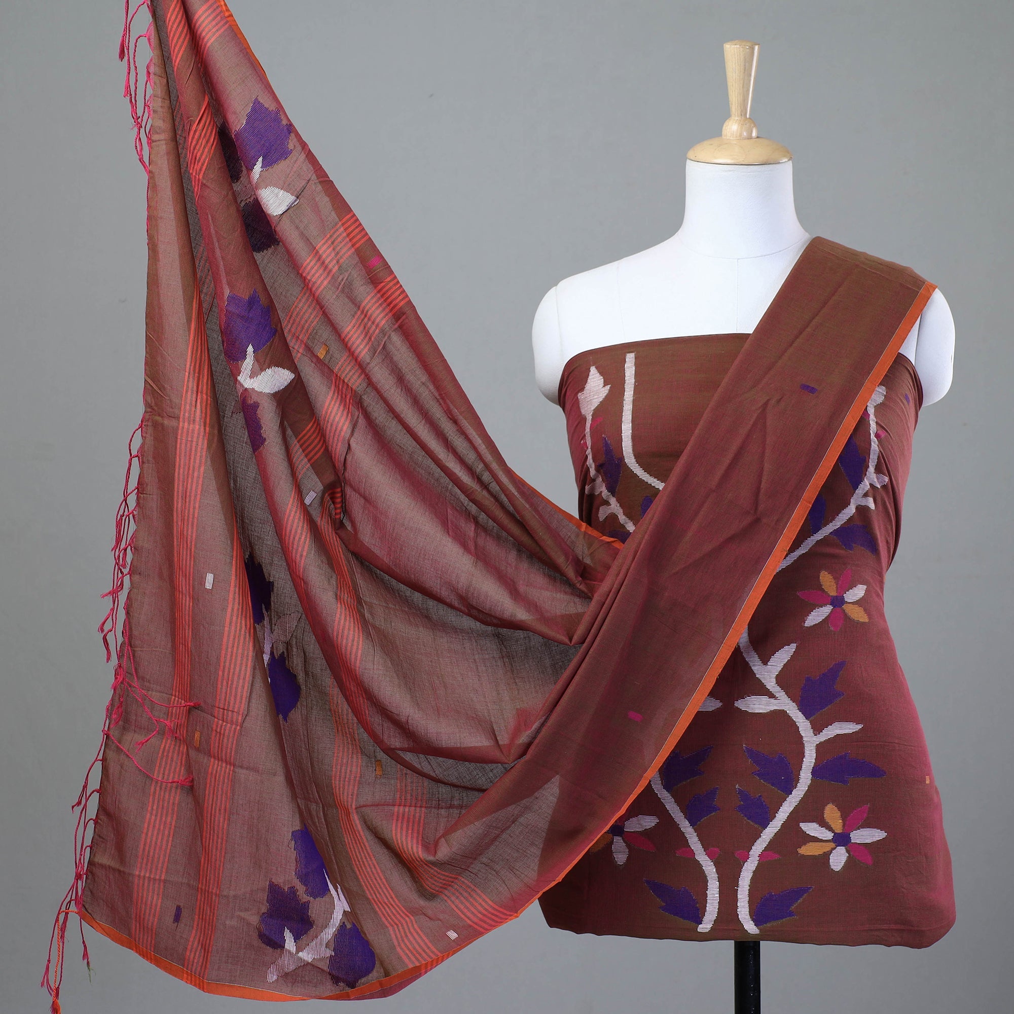 KHUSHBASH - HAPPY LOOM OF EAST Brown - 2pc Phulia Jamdani Weave Handloom Cotton Suit Material Set