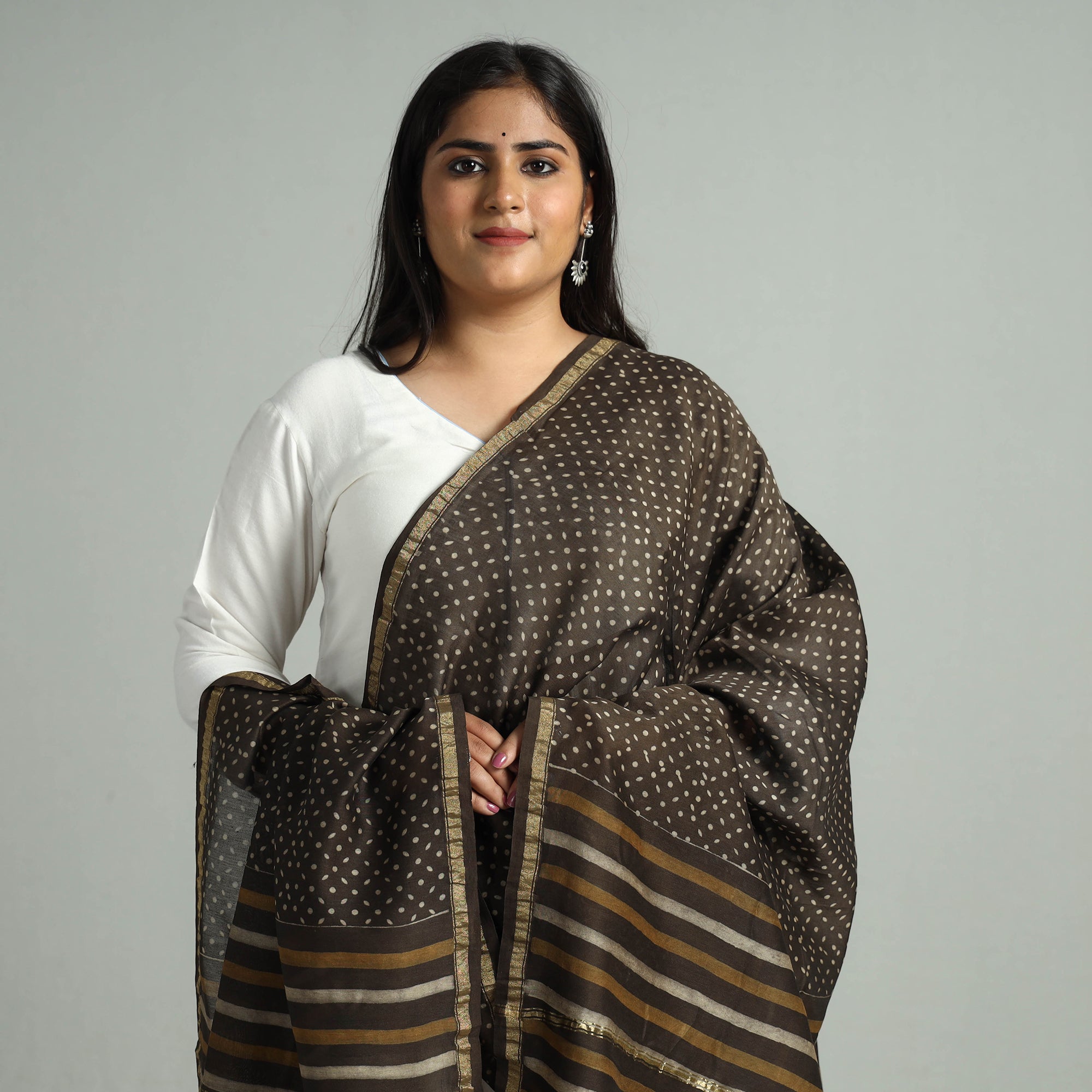 HAVELI CHRONICLES Brown - Akola Dabu Block Printed Handloom Chanderi Silk Dupatta with Zari Border 11 - view 3