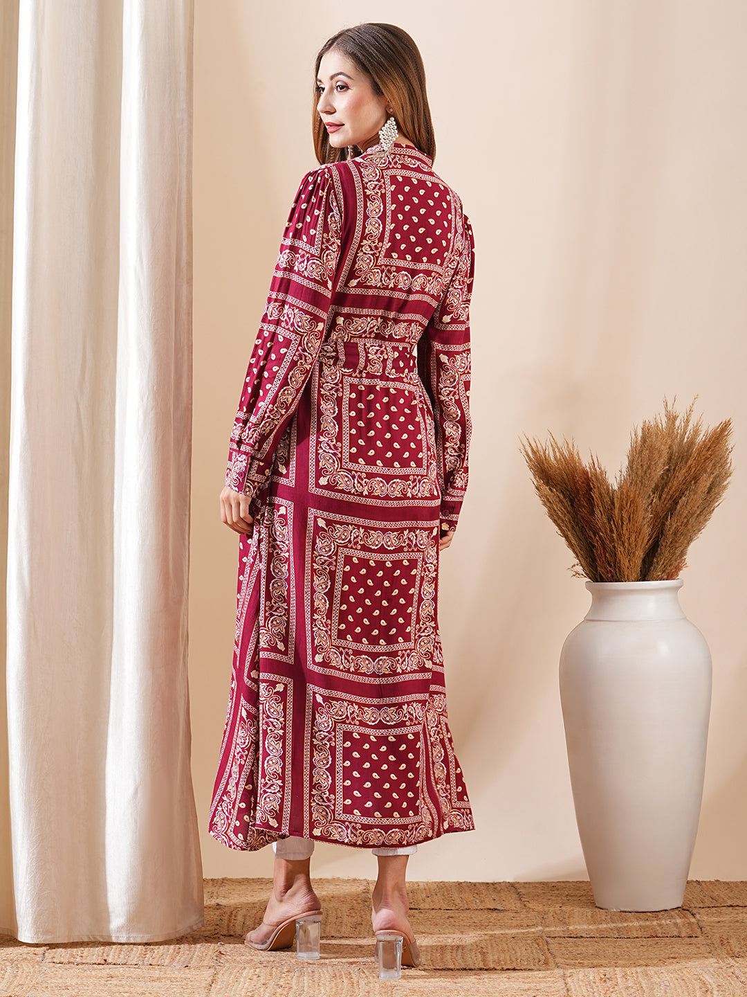 Fashor Ethnic Floral Printed Straight Fit Kurta with Tie Ups - Maroon - view 6