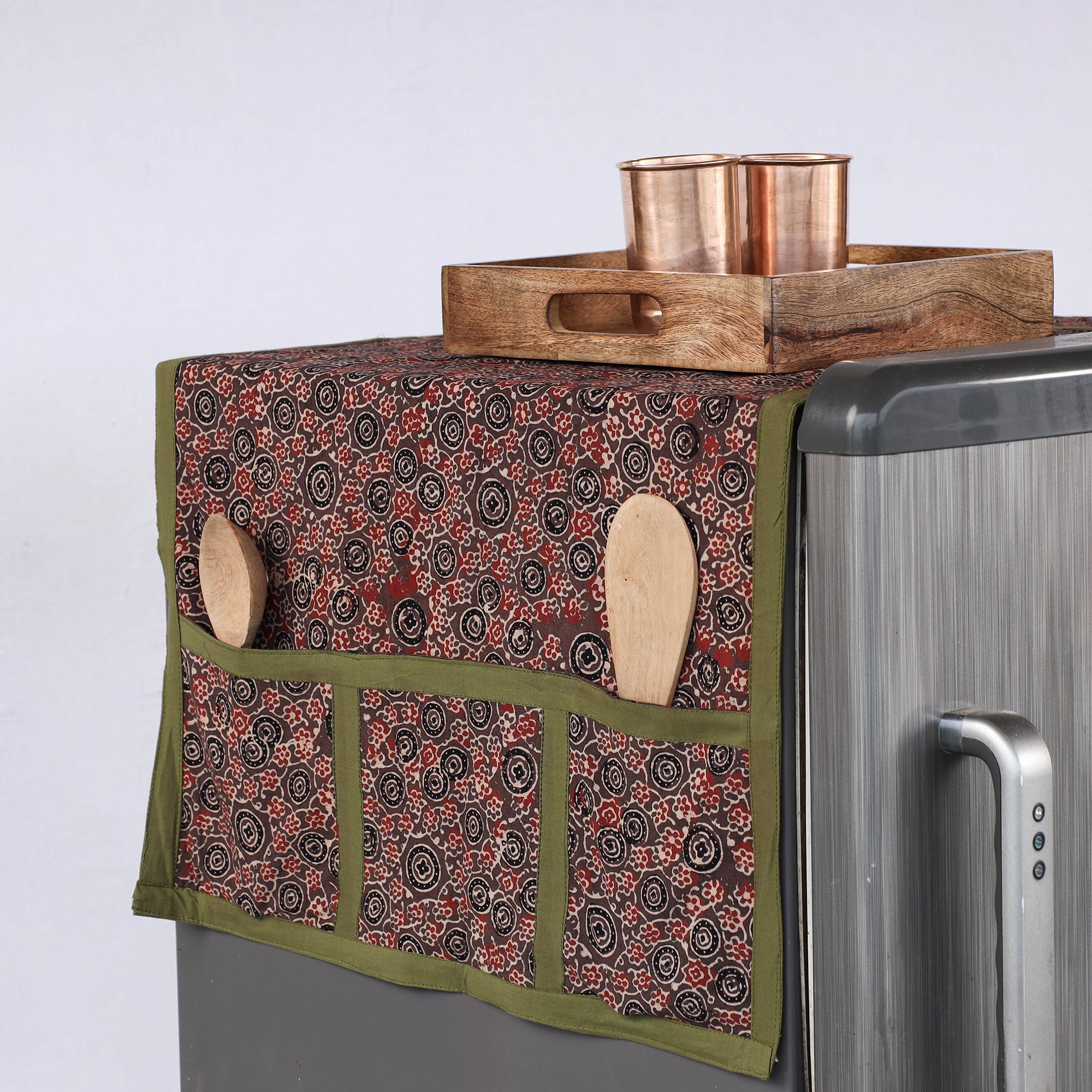 JALPARI Brown - Ajrakh Block Printed Cotton Fridge Top Cover with Multiple Pockets