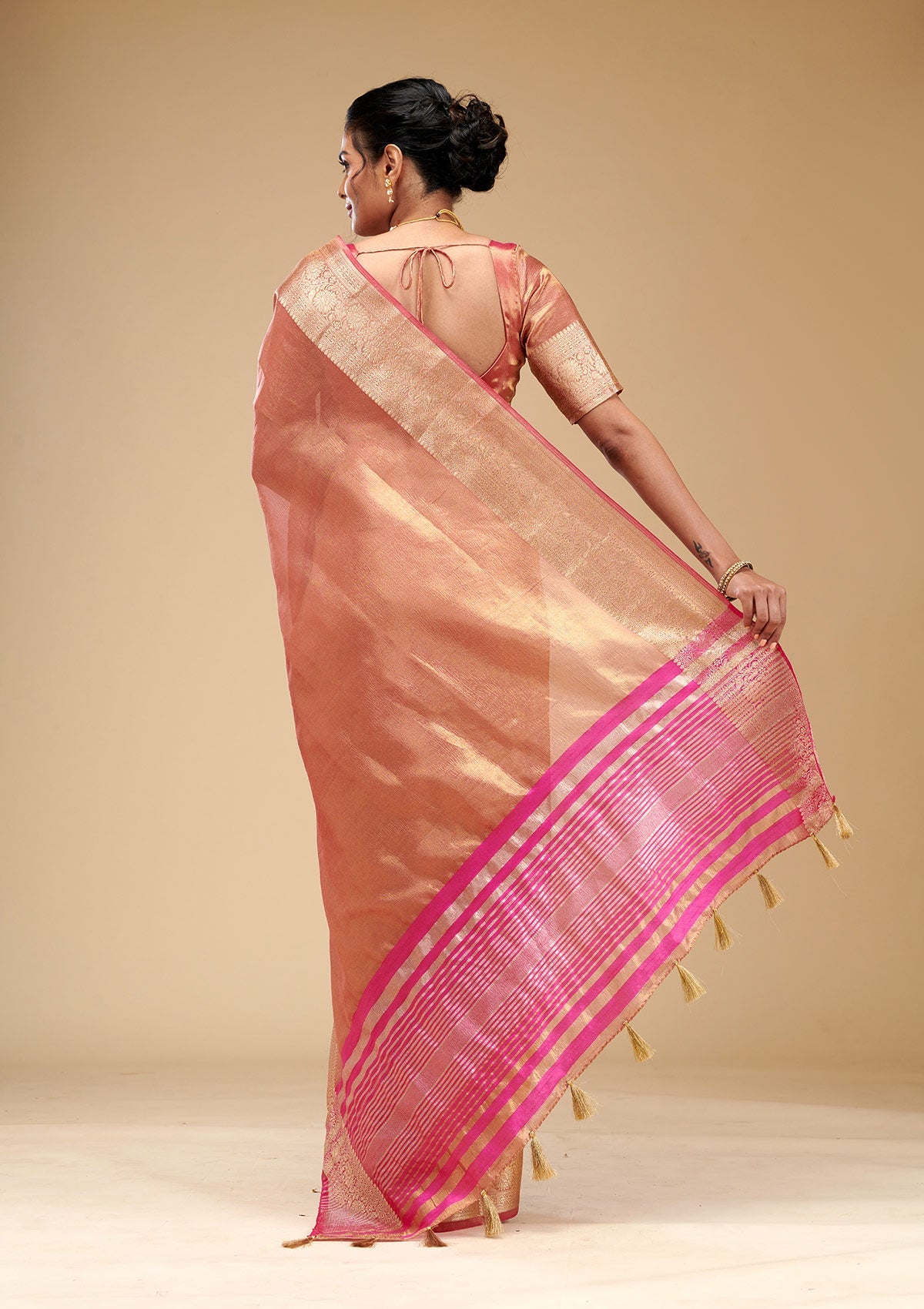 Koskii Onion Pink Zariwork Tissue Saree – Women's - view 2