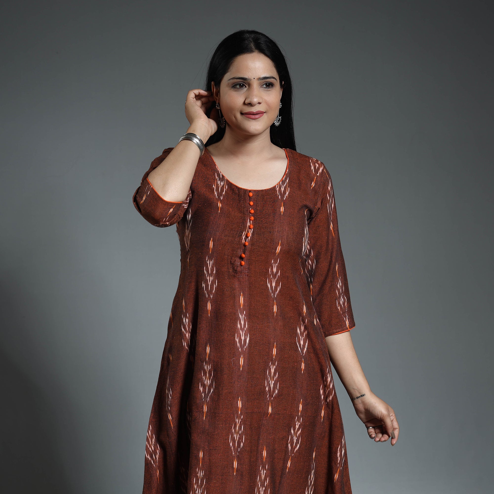 ITOKRI CASUALS Brown - Pochampally Ikat Weave Cotton Long A-Line Kurta 15