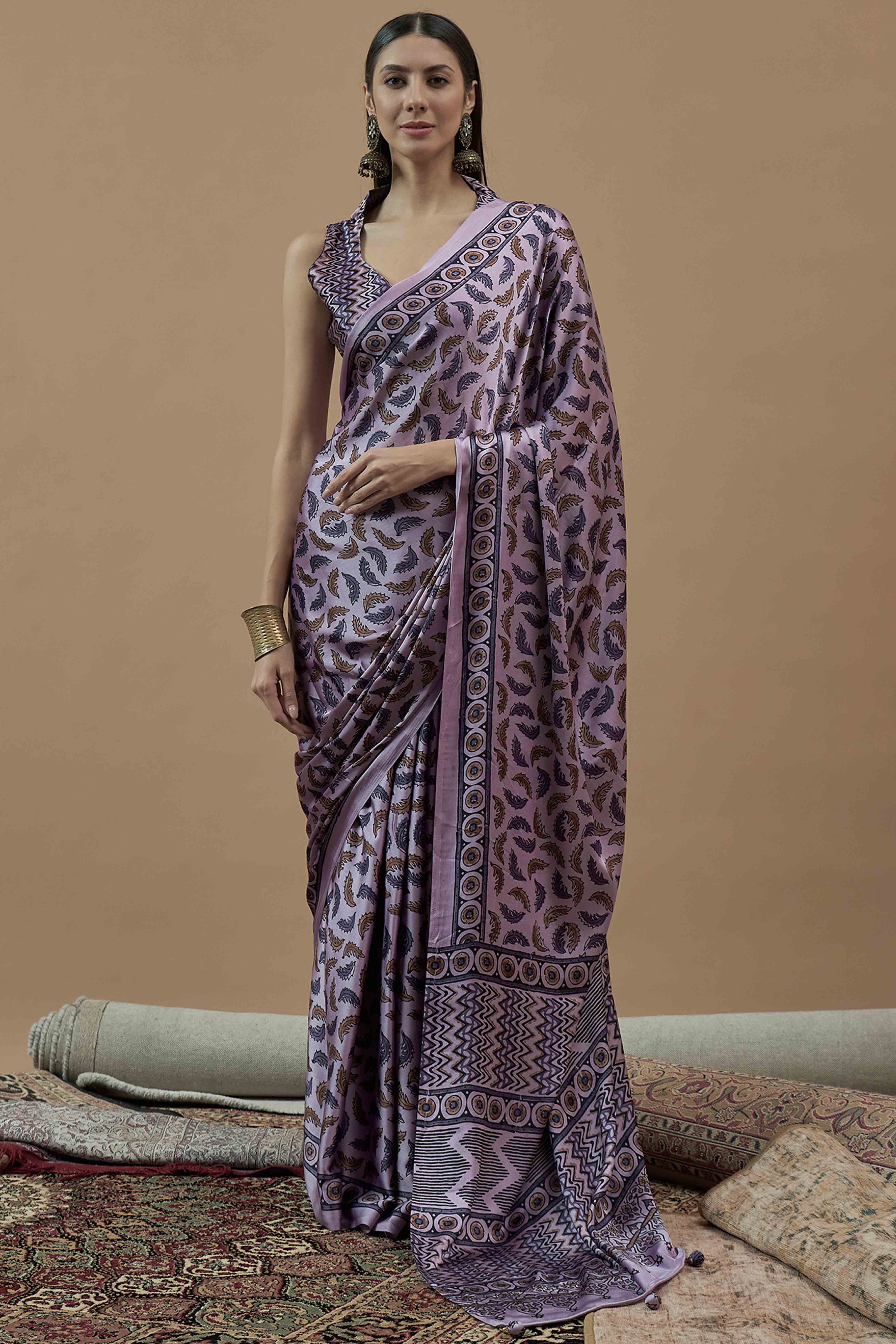 Peachmode Lavender Ajrakh Printed Satin Saree With Tassels
