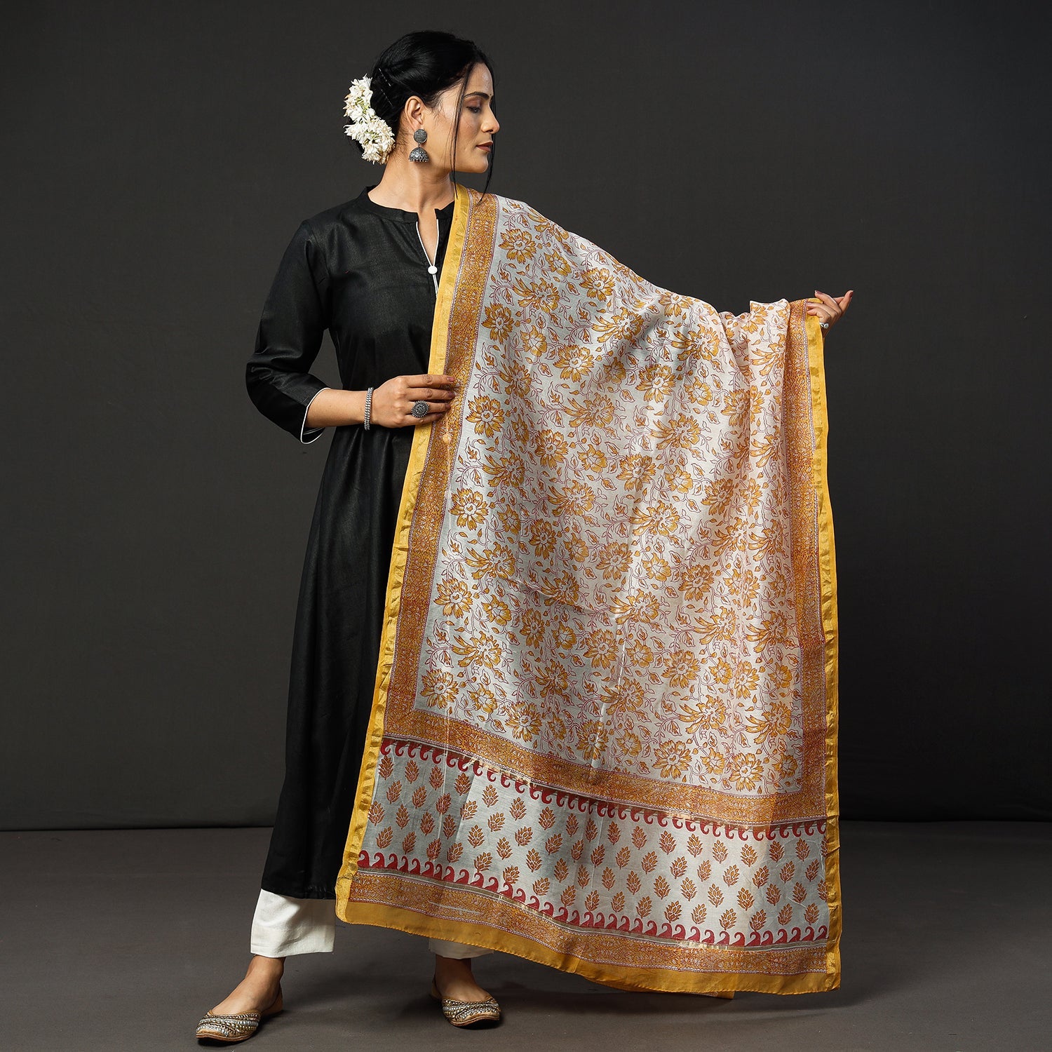 ITOKRI CASUALS Black Texture Tussar Silk Handloom Kurta with Sanganeri Dupatta