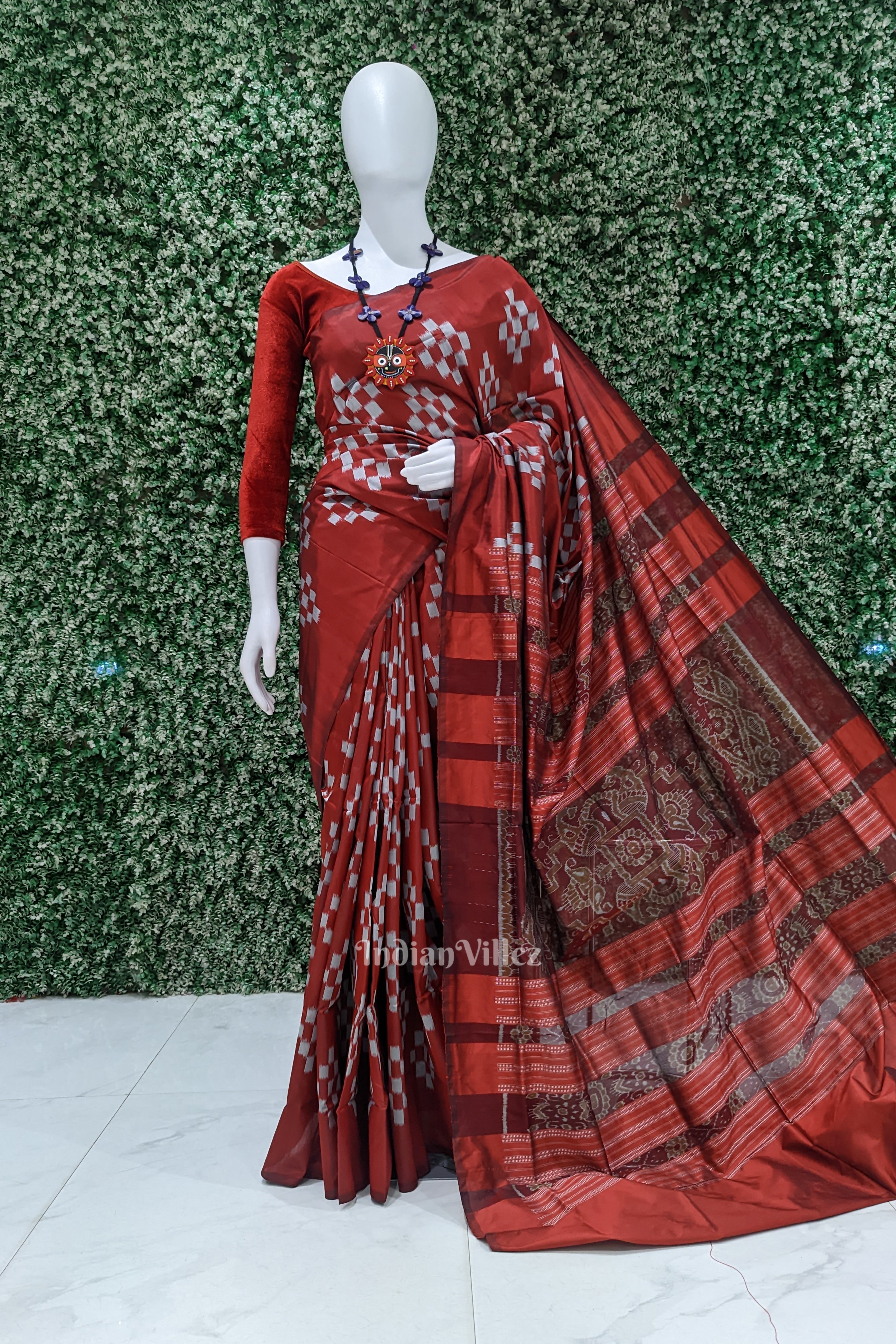 IndianVillèz Deep Maroon Grey Pasapali Theme Sambalpuri Silk Saree