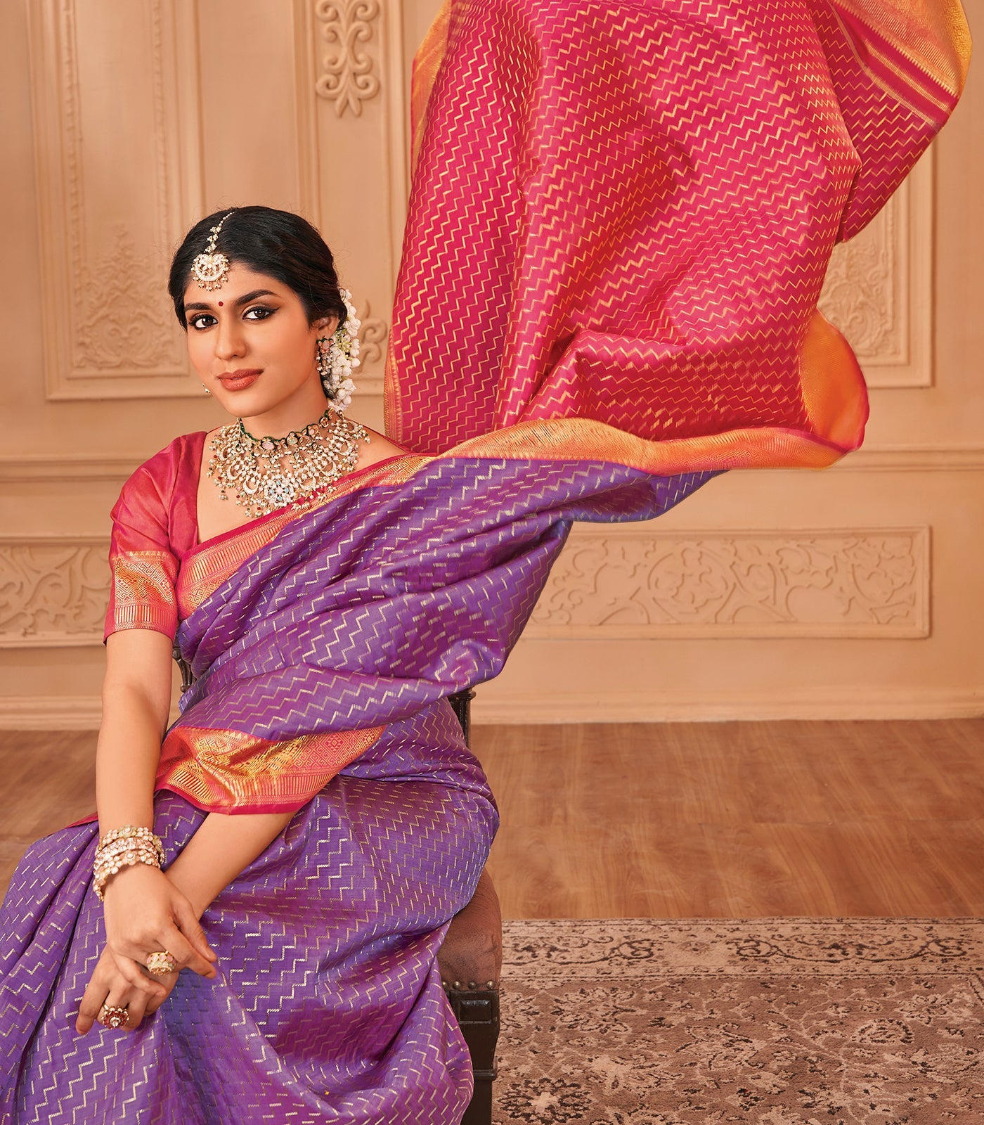 RmKV Silks Lavender & Pink Handloom Reversible Silk Saree With Chevron Steps - view 2
