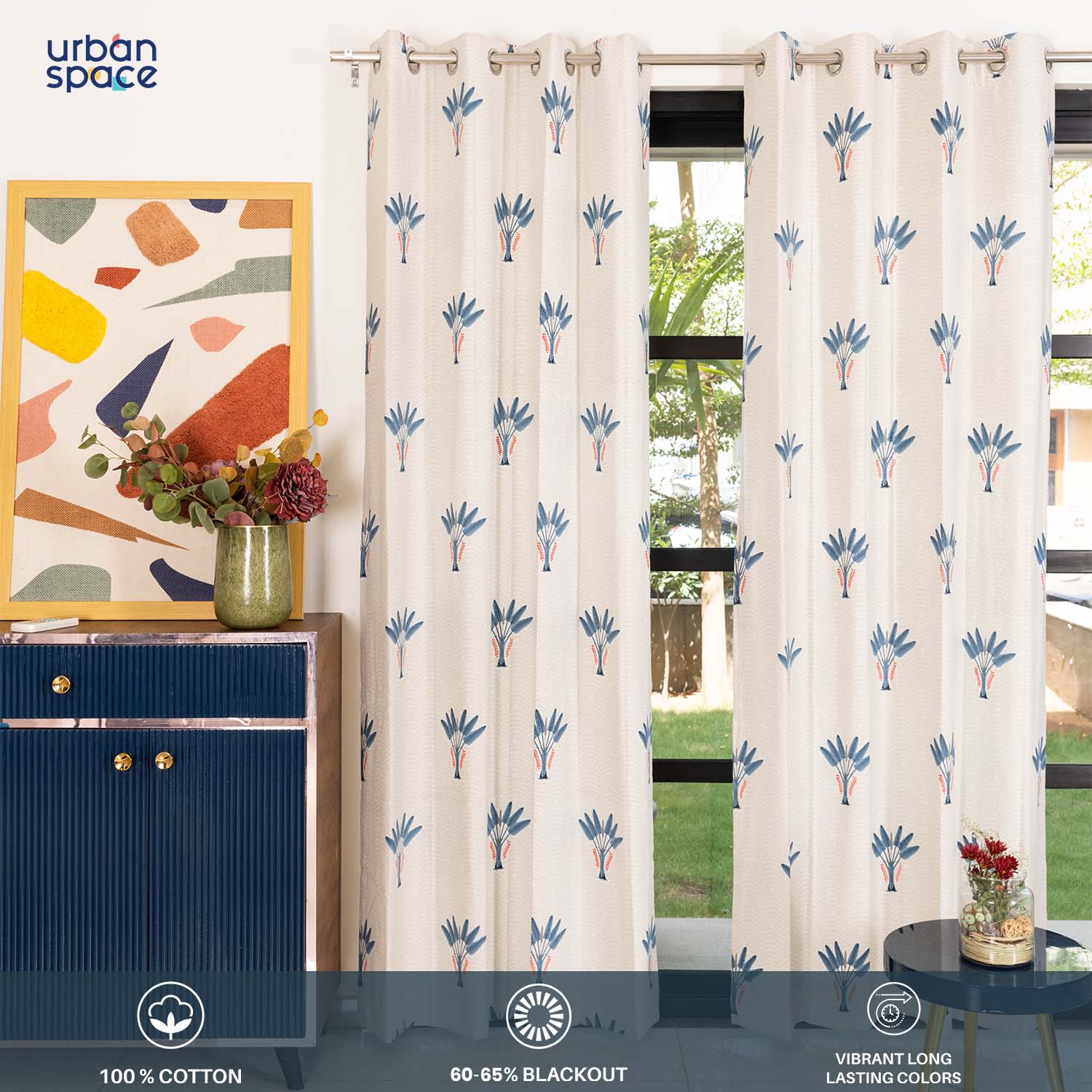 100 cotton curtains – Urban Space -Home Furnishing Store 100% Cotton Curtains for Living Room, Bedroom curtains - Pack of 2 curtains, Palm Lagoon Indigo