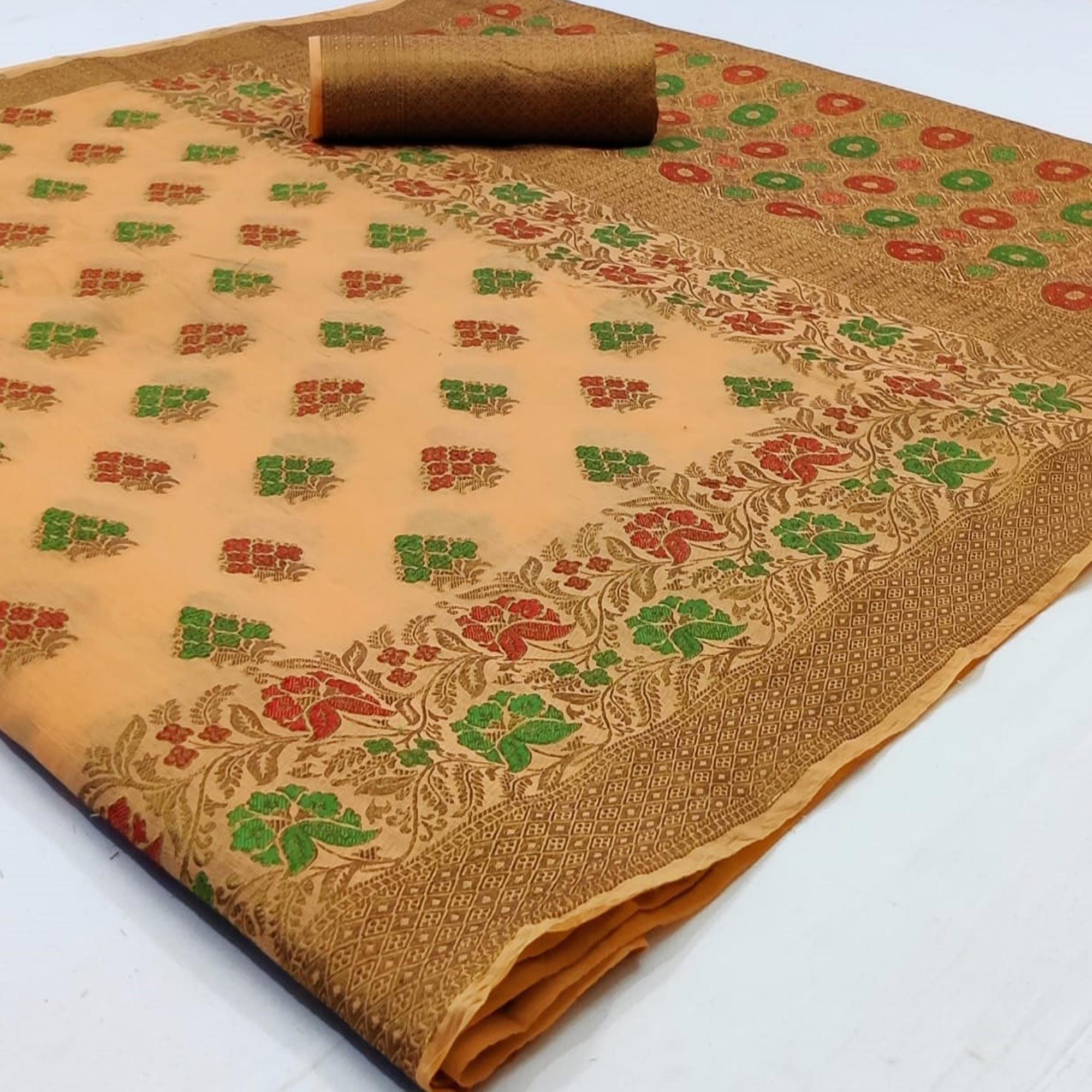 Peachmode Elegant Light Peach Colored Festive Wear Woven Cotton Saree