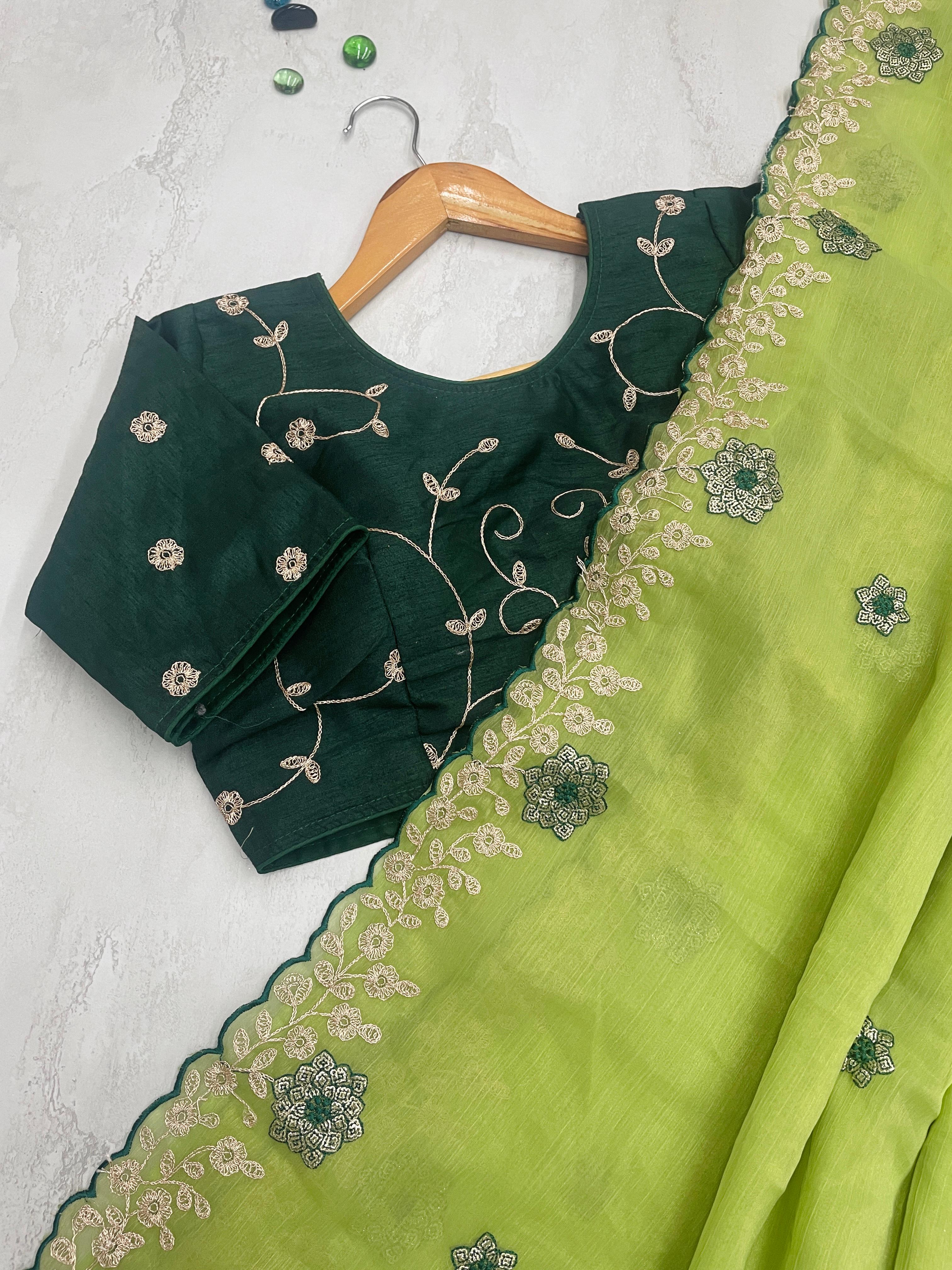 ClothsVilla Parrot Green Kasoli Silk Saree with Beautiful Embroidery and Contrast Thread Work - view 4