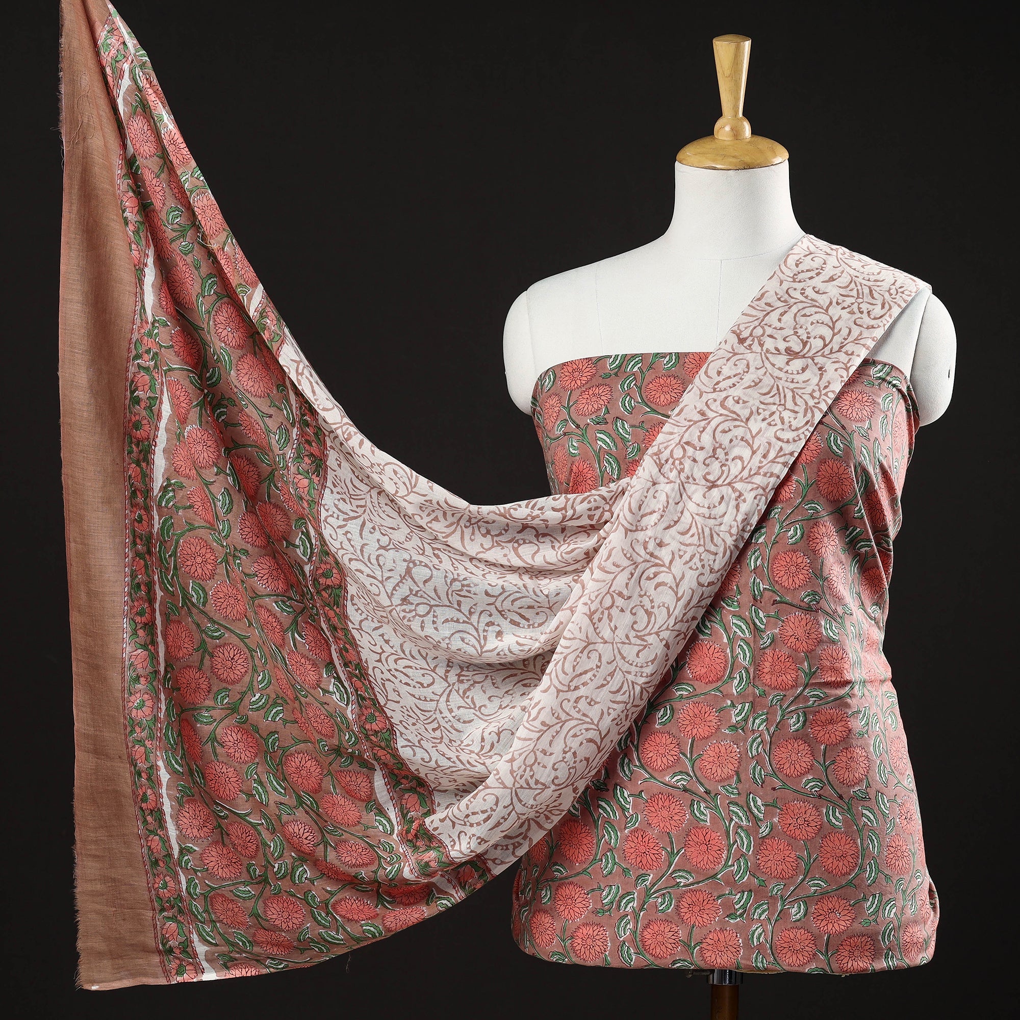 ARTISAN HAND BLOCK PRINTS Brown - 3pc Cotton Sanganeri Block Print Dress Material