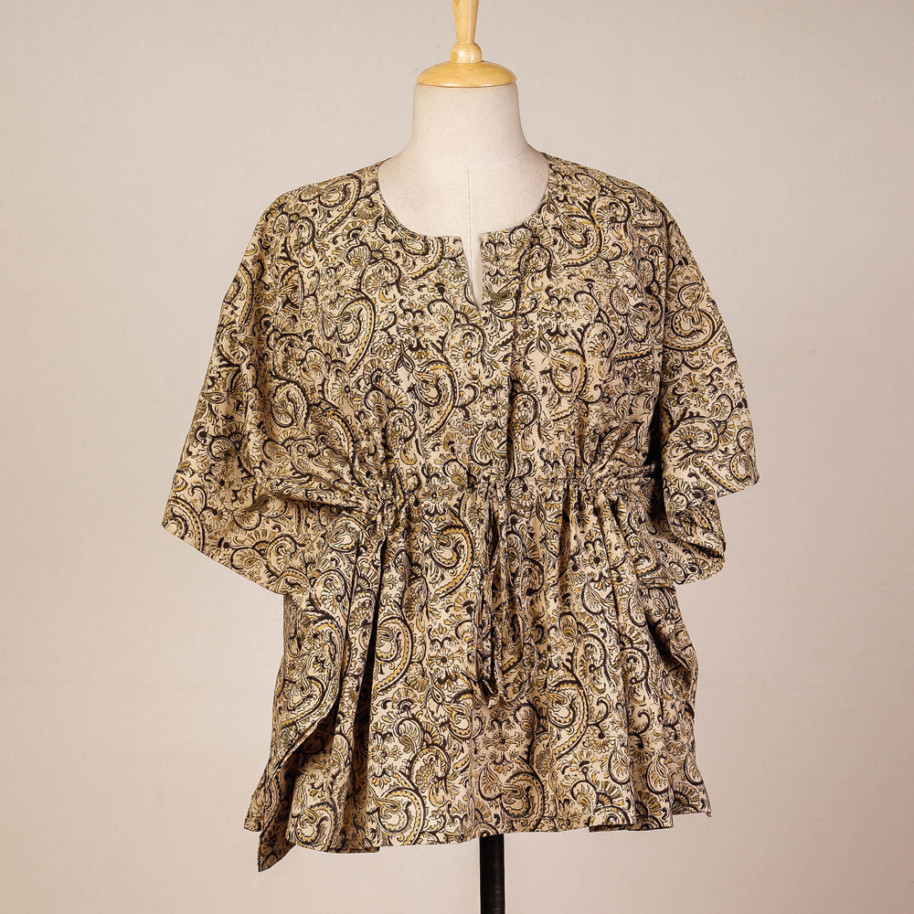CHUTNEY CRAFT STUDIO Beige - Block Print Cotton Kalamkari Kaftan with Tie-Up Waist (Short)
