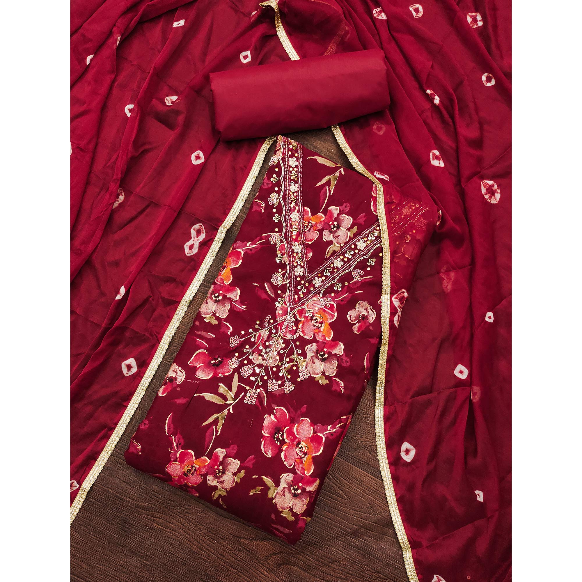 Peachmode Dark Red Floral Printed With Handwork Pure Cotton Dress Material - view 3