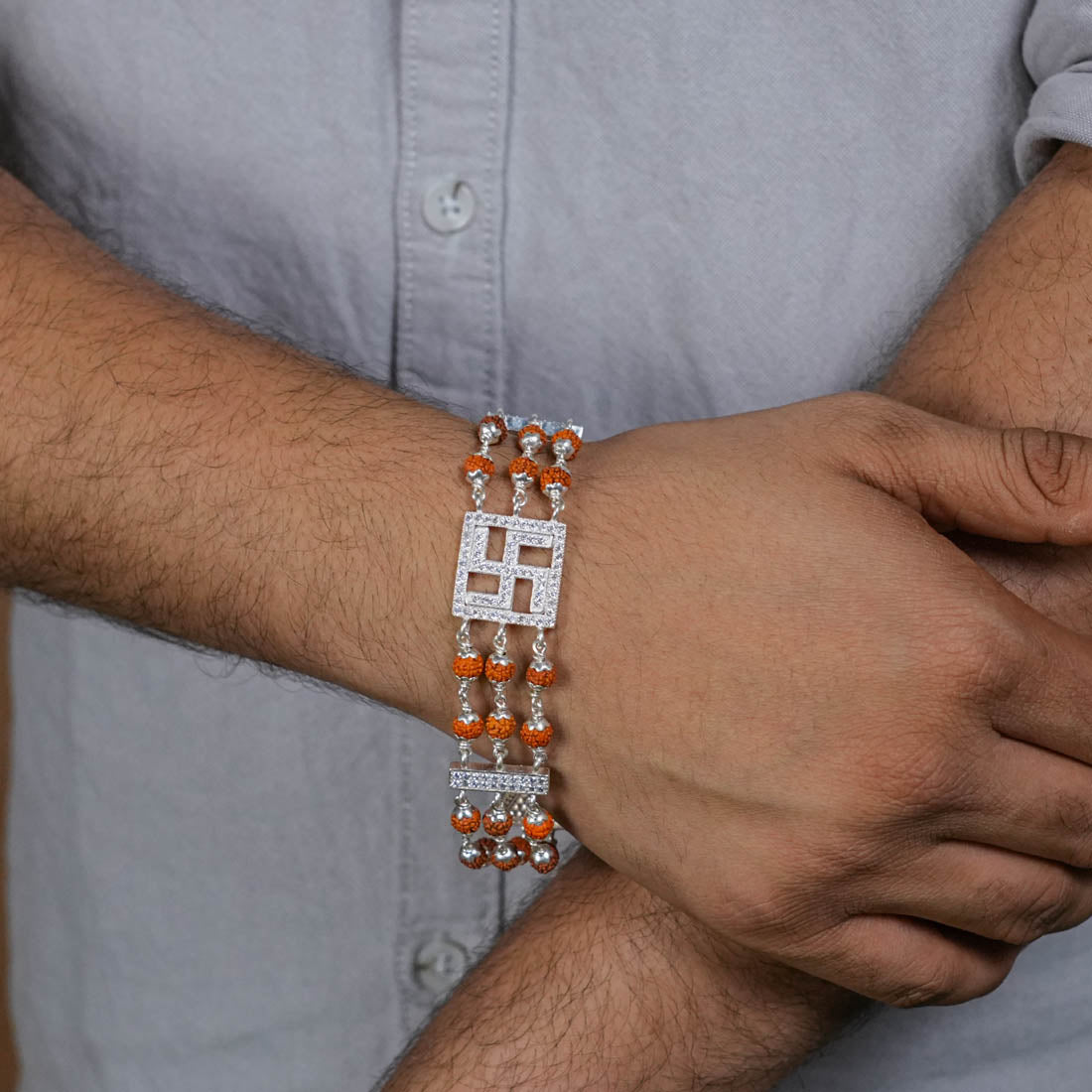 Prinjal Jewellers Rudraksha Silver Swastik Brooch Triple Line Bracelet - view 3
