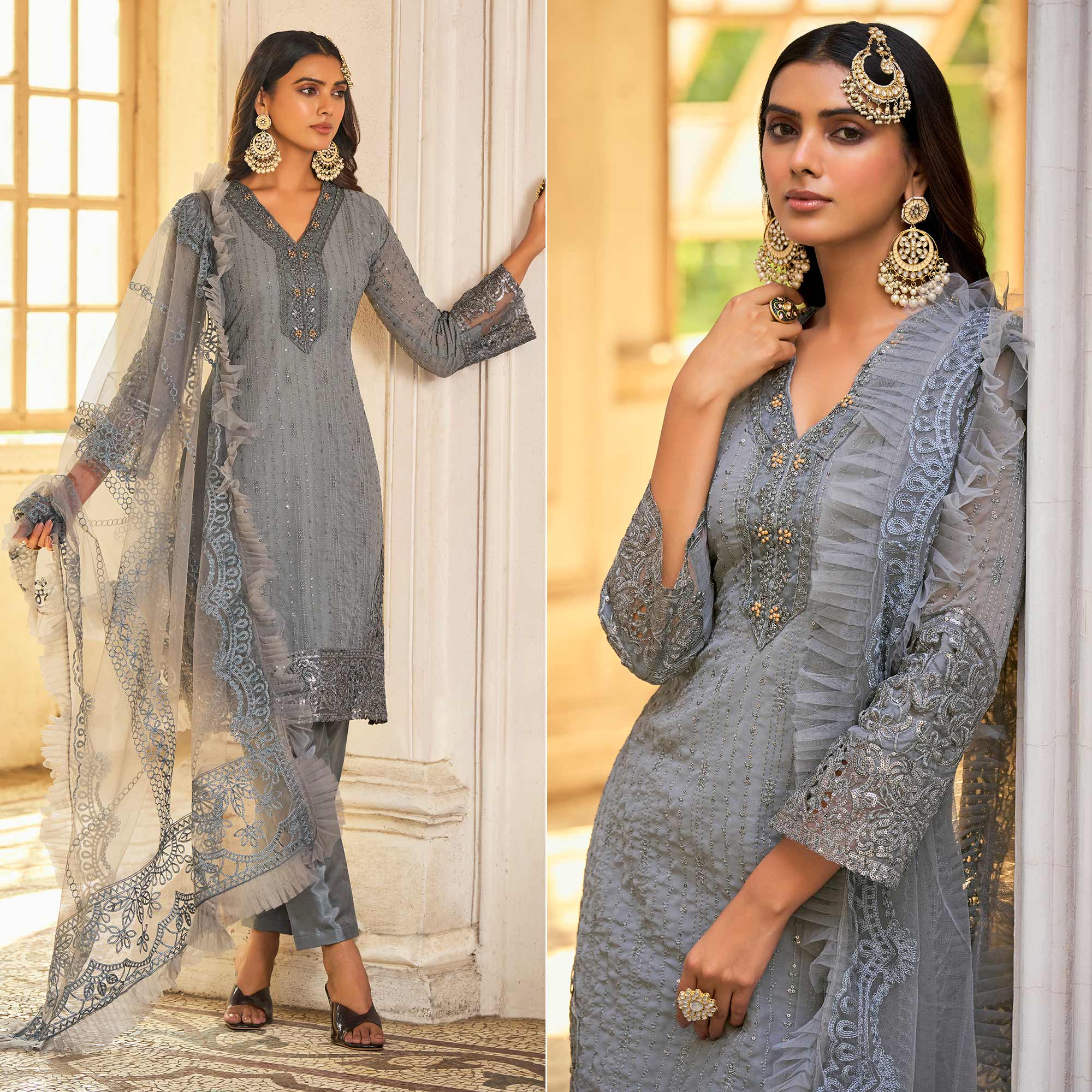 Peachmode Grey Sequins Embroidered Georgette Semi Stitched Suit