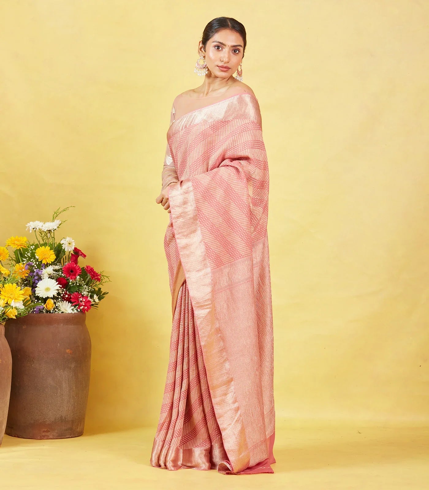 RmKV Dusty Pink Crepe Silk Saree With Diagonal Zari Stripes