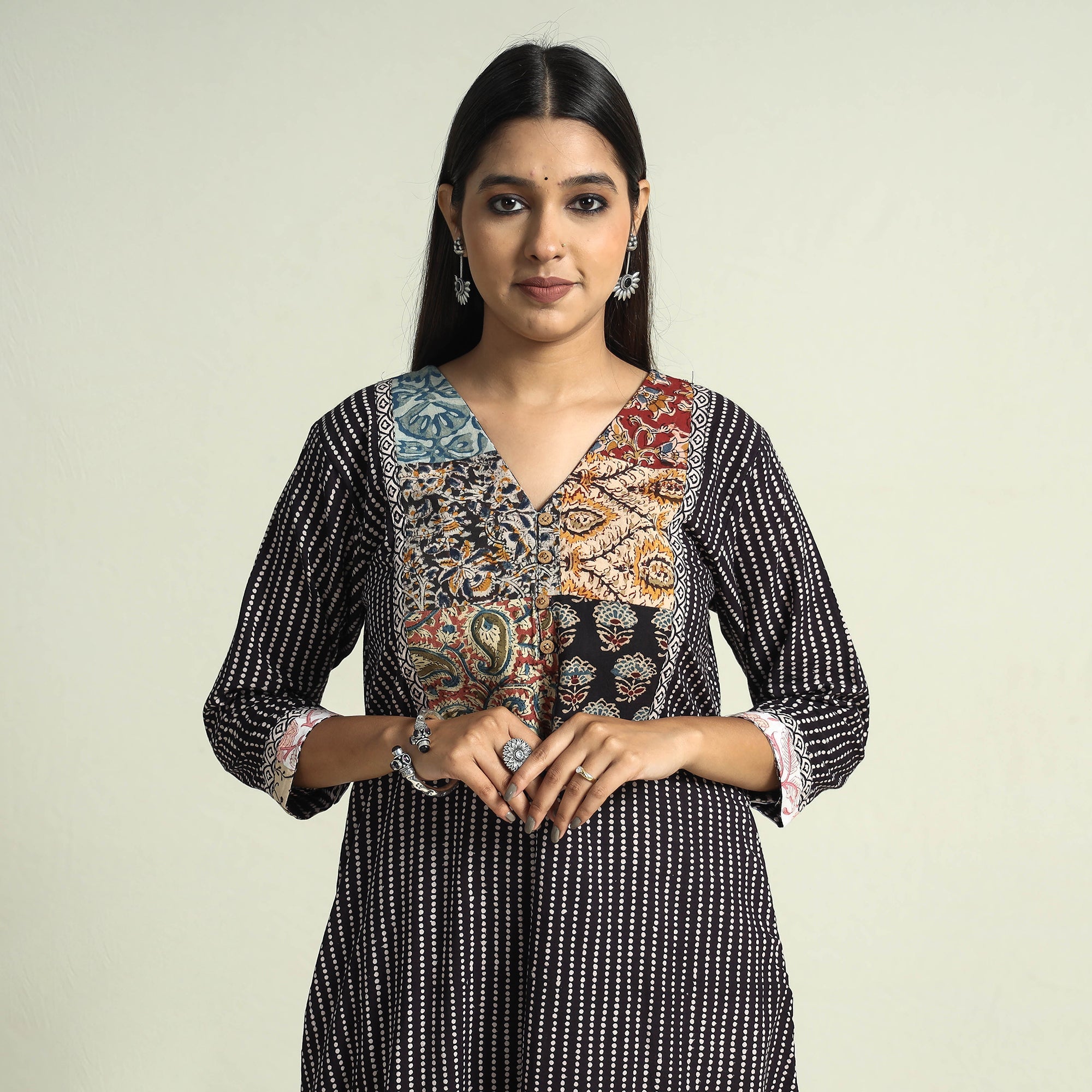 ITOKRI CASUALS Black - Block Print Cotton Patchwork A-Line Bagh Kurta