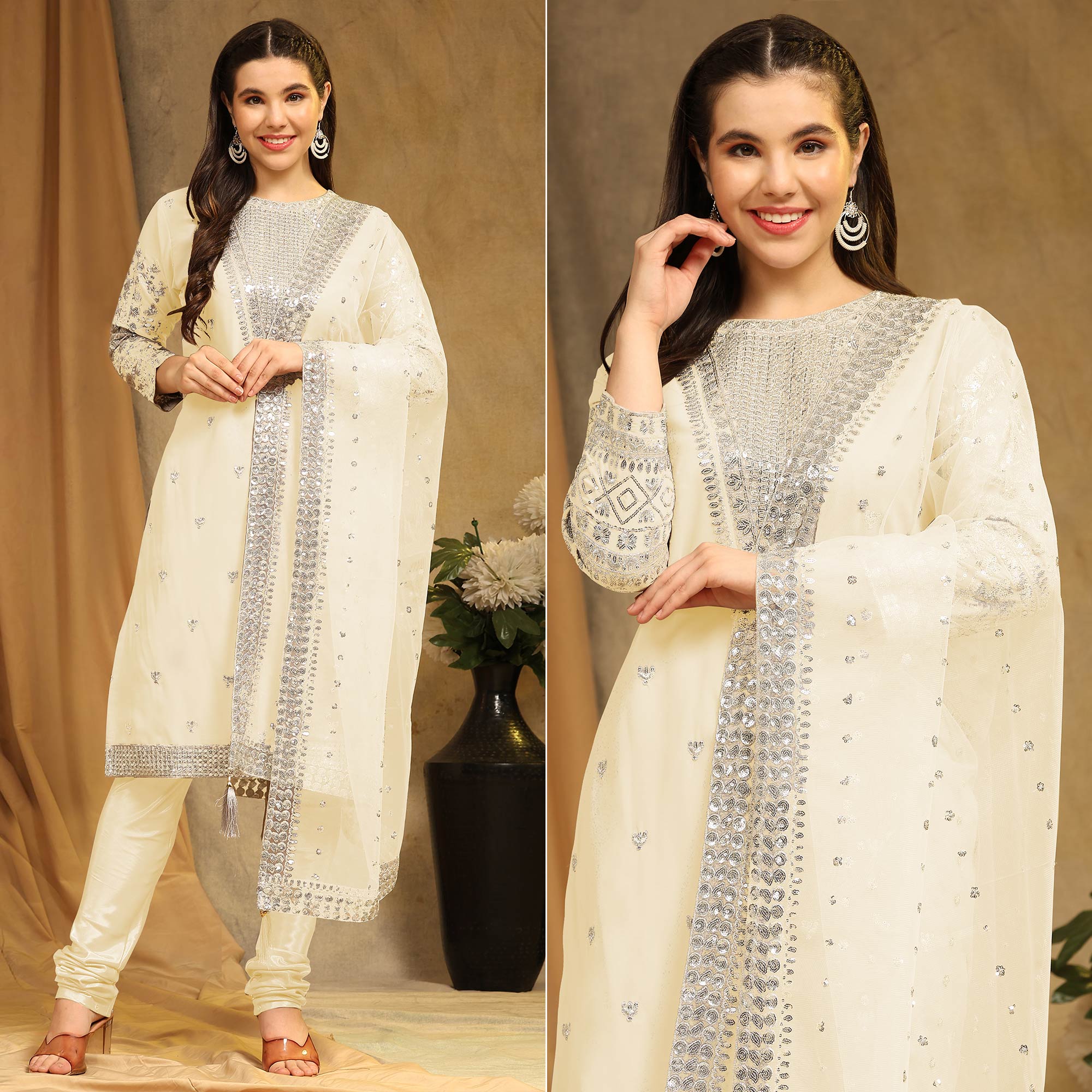 Peachmode Cream Sequins Embroidered Georgette Semi Stitched Salwar Suit