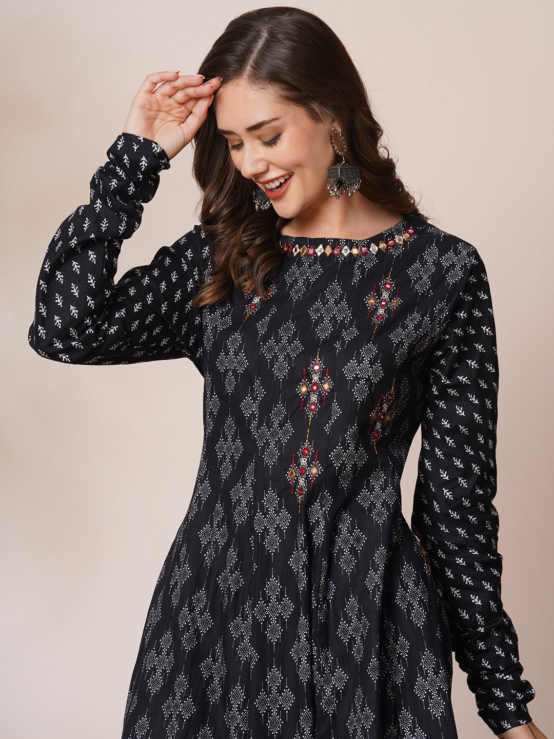 FASHOR Ethnic Printed & Mirror Embroidered Anarkali Flared Kurta with Pant - Black - view 2