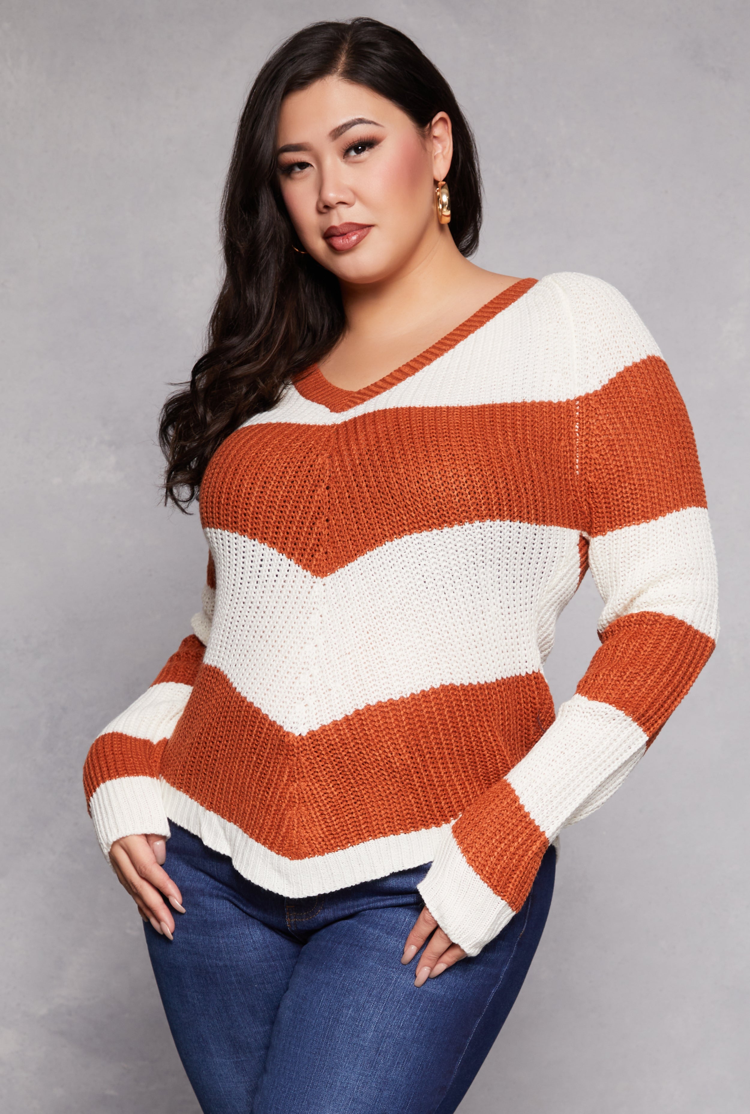 Rainbow Shops Plus Size Chevron Knit Lace Up V Neck Sweater