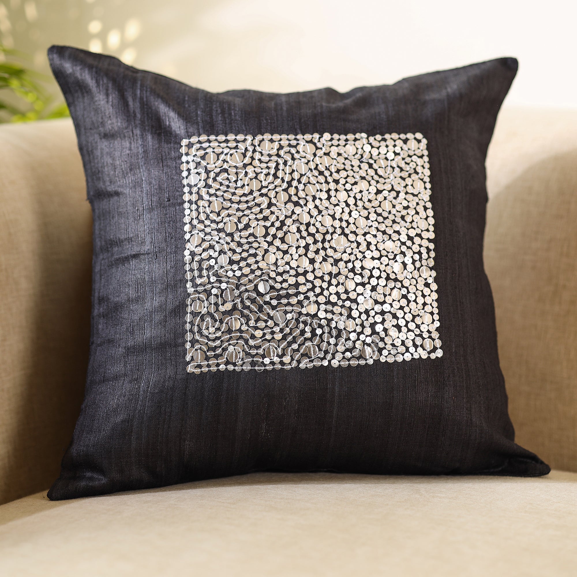 CHHATTISGARH HASTSHILP VIKAS BOARD Black - Aari Embroidery Sequin Work Ghicha Silk Cushion Cover (16 x 16 in) - view 2