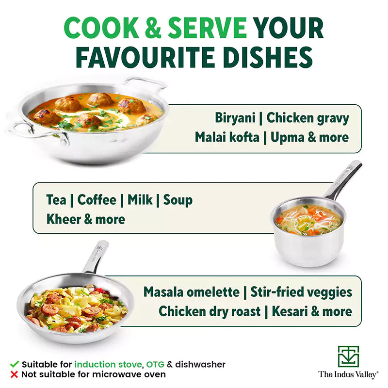 The Indus Valley TurboCuk Tri-ply Stainless Steel Cookware Set: 2.2L Kadai+ 1.4L Frypan+ 1.2L Tea/Milk pan, Premium Quality, 3 Layer Thick Body, 100% - view 8