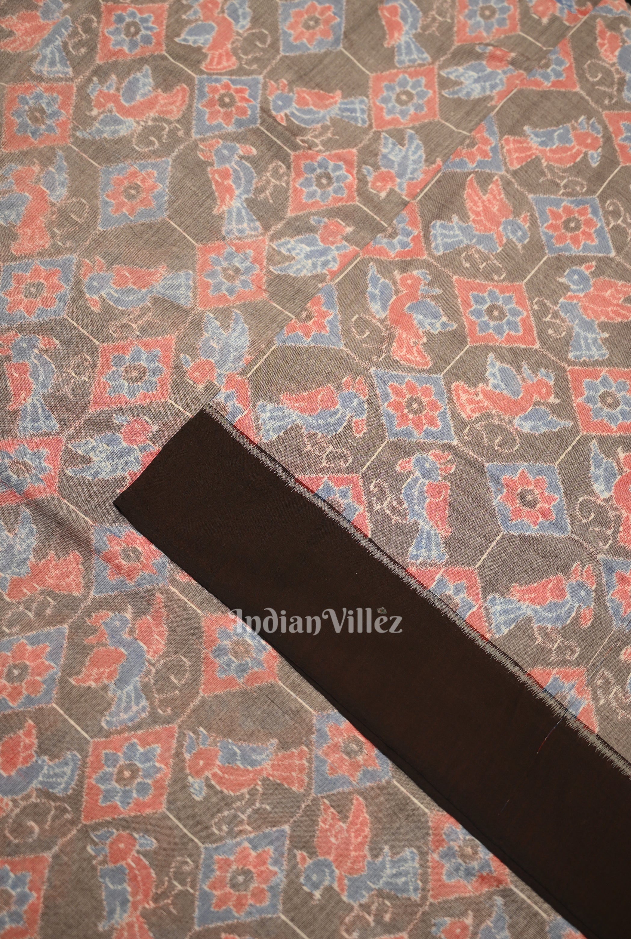 IndianVillèz Gray Floral Bird Theme Sambalpuri Odisha Ikat Cotton Fabric - view 2