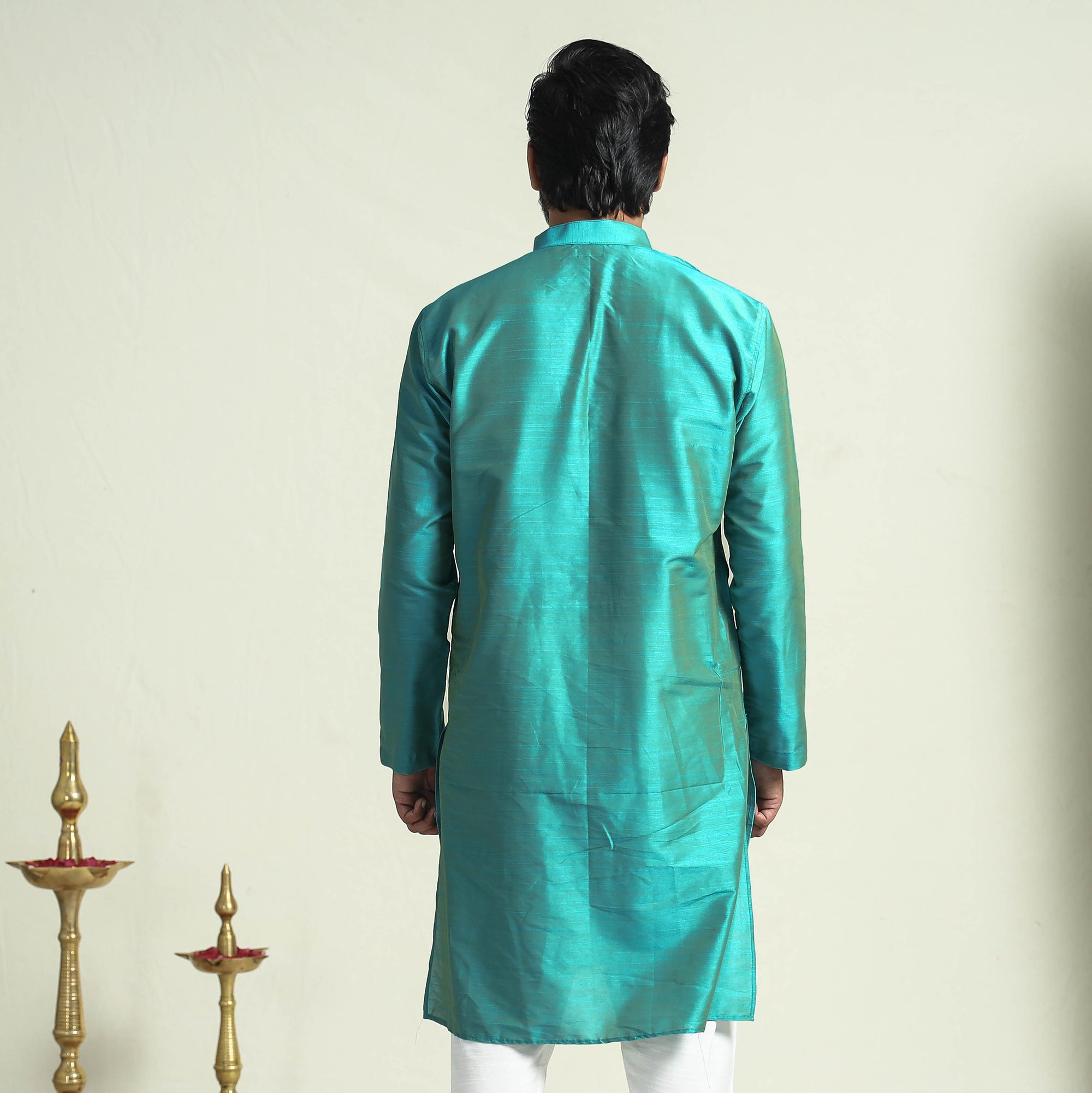 ITOKRI CASUALS Aqua - Blue Plain Dyed Slub Silk Men Long Kurta - view 6