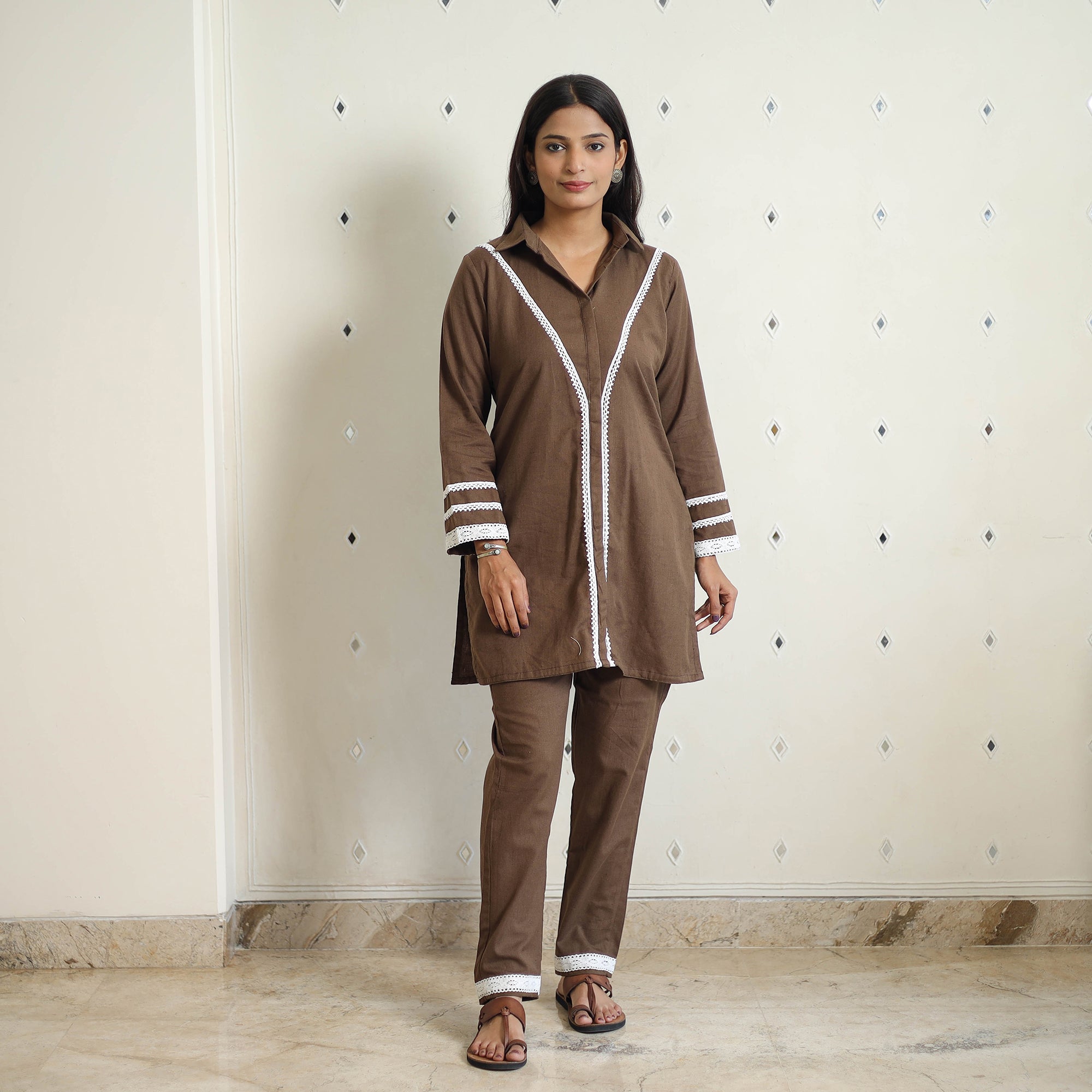 ITOKRI CASUALS Brown - Flex Cotton Plain Co-Ord Set With Lace Work 03