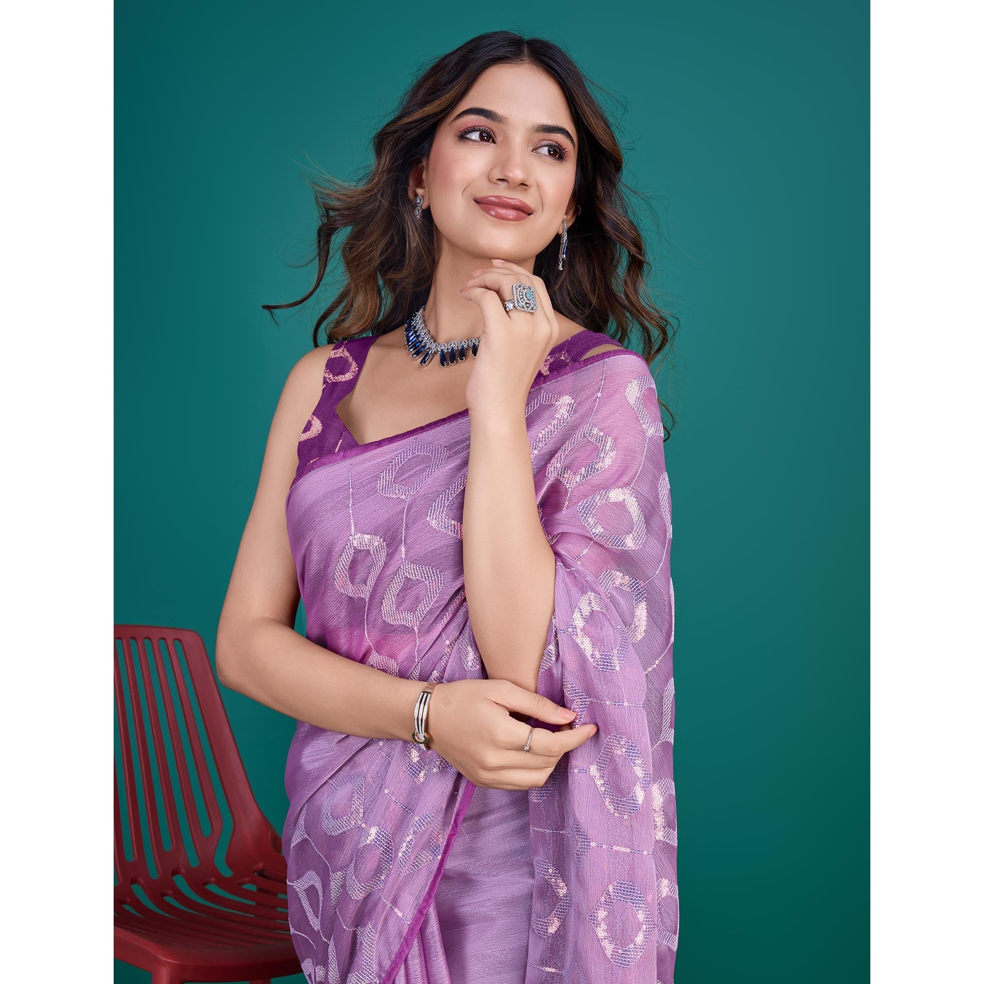 Peachmode Lavender Sequin Embroidered Georgette Saree - view 7