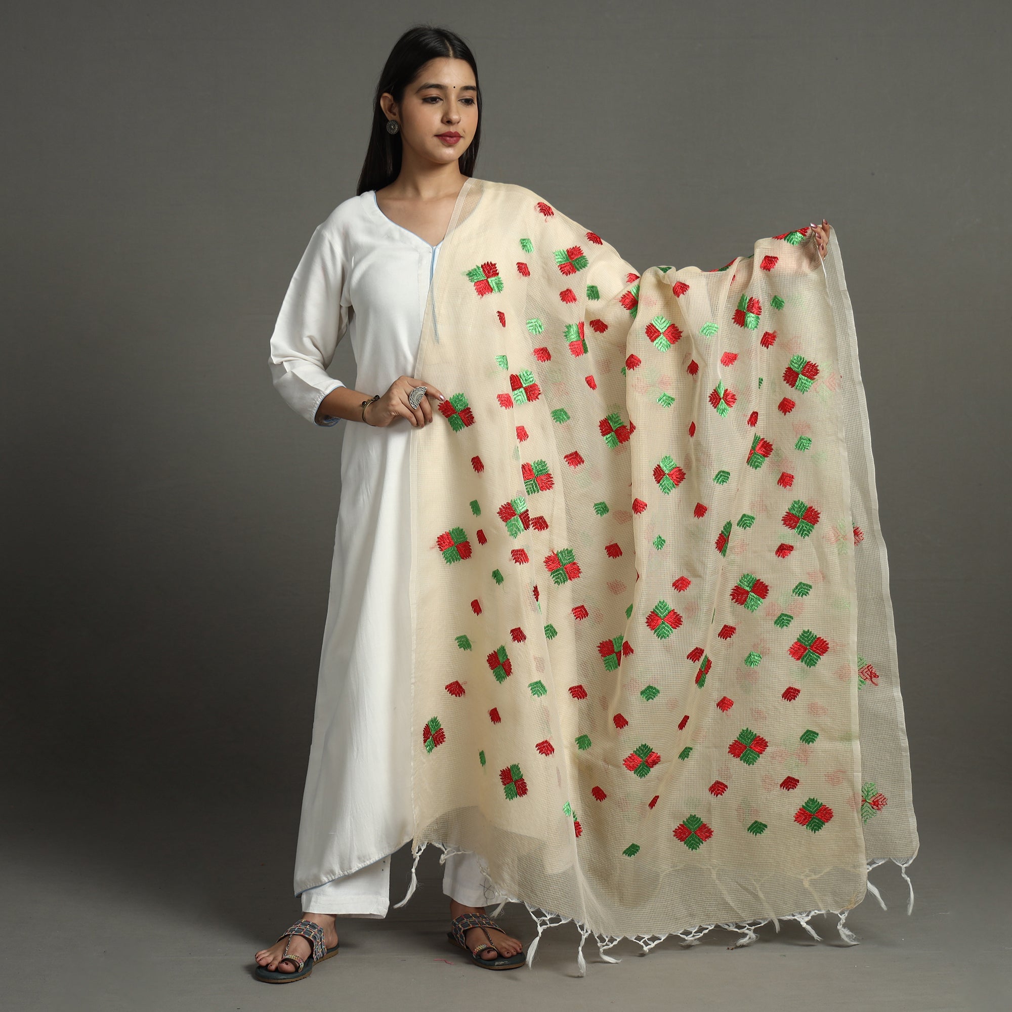ITOKRI CRAFTS INITIATIVE Beige - Phulkari Hand Embroidery Kota Doria Chanderi Silk Dupatta with Tassels 13