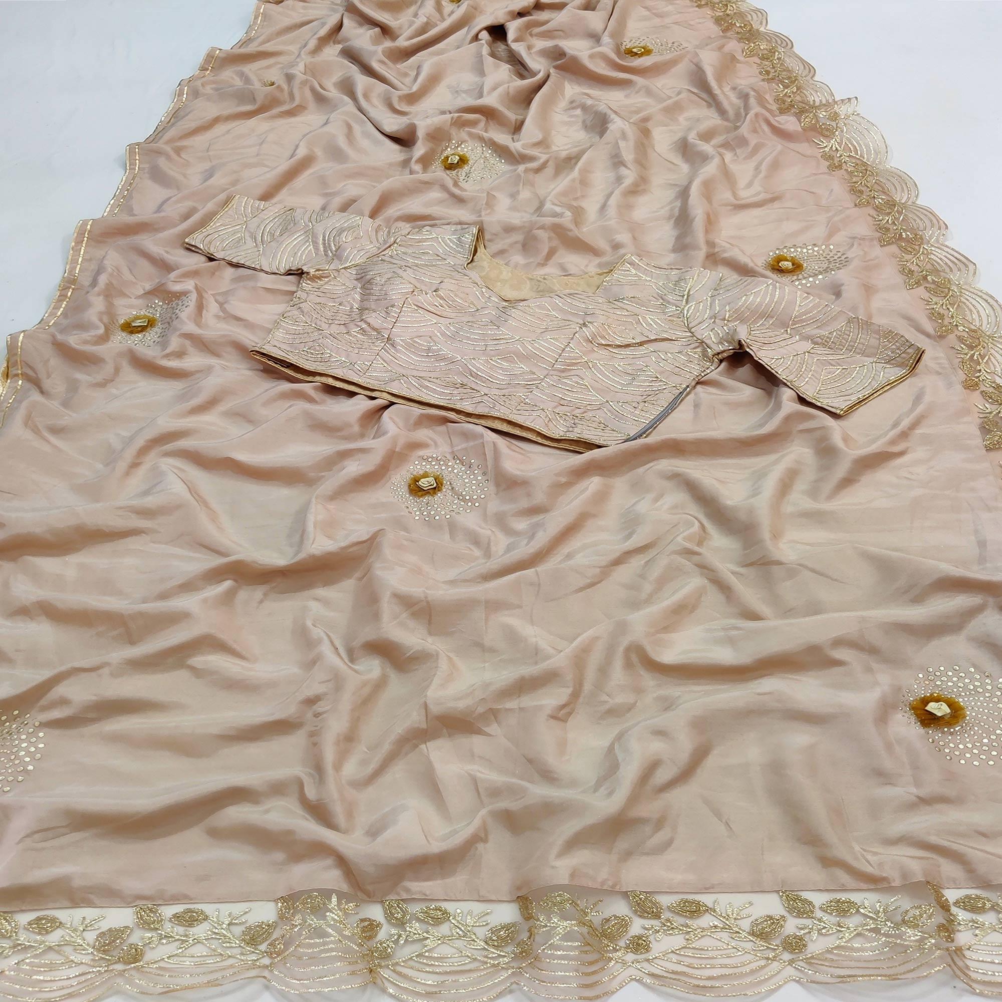 Peachmode Cream Partywear Floral Mukeish Embroidered Dola Silk Saree