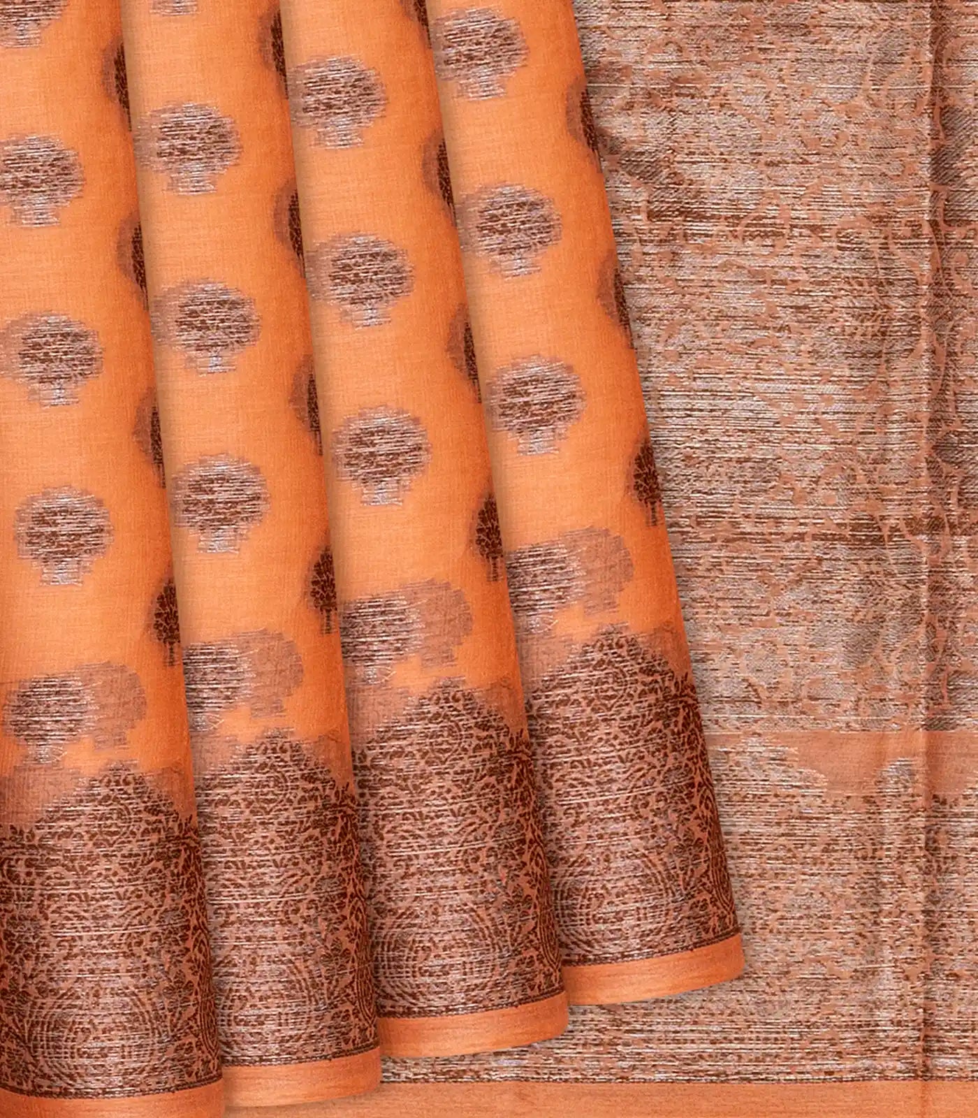 RmKV Orange Handwoven Tussar Silk Saree With Floral Butta Motifs-Orange
