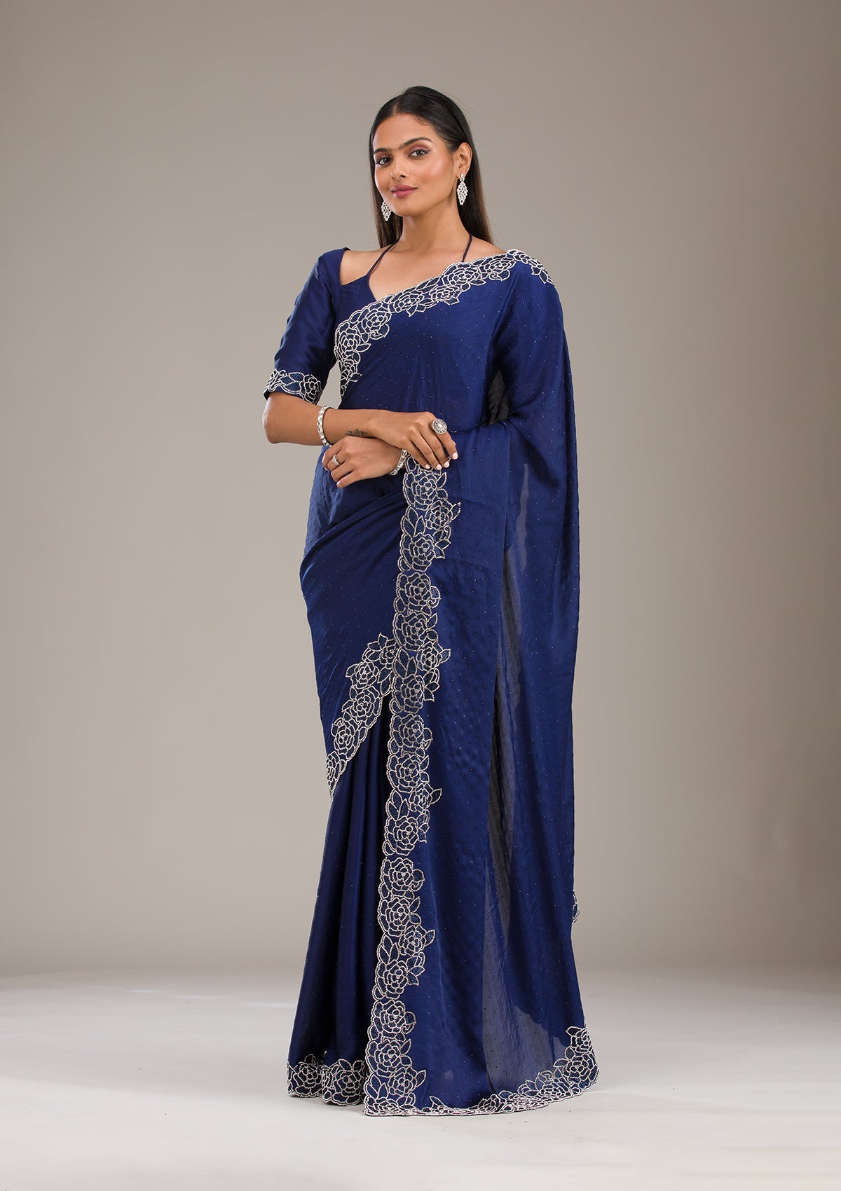 Koskii Navy Blue Swarovski Satin Saree – Women's - view 6