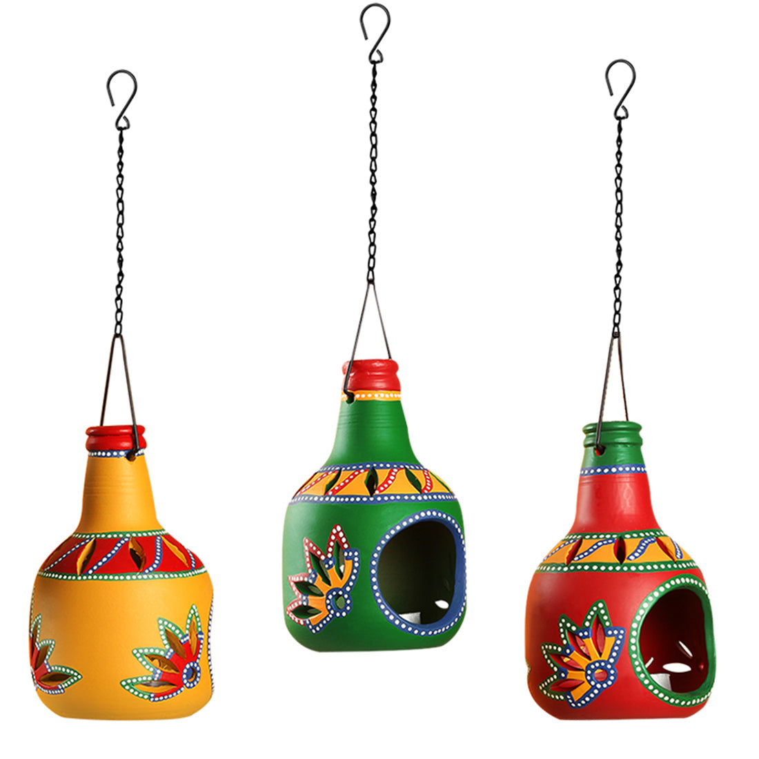 EXCLUSIVELANE 'The Bottle Trio' Handpainted Terracotta Tea Light Holders (Set Of 3) - view 2