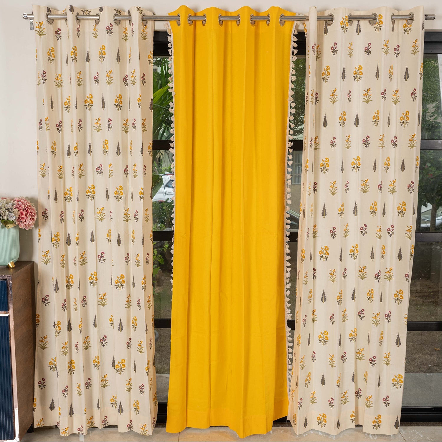 Urban Space -Home Furnishing Store Cotton Curtains Combo, Set of 3 curtains, 60-65% Room Darkening Curtain - High Garden & Aura Yellow