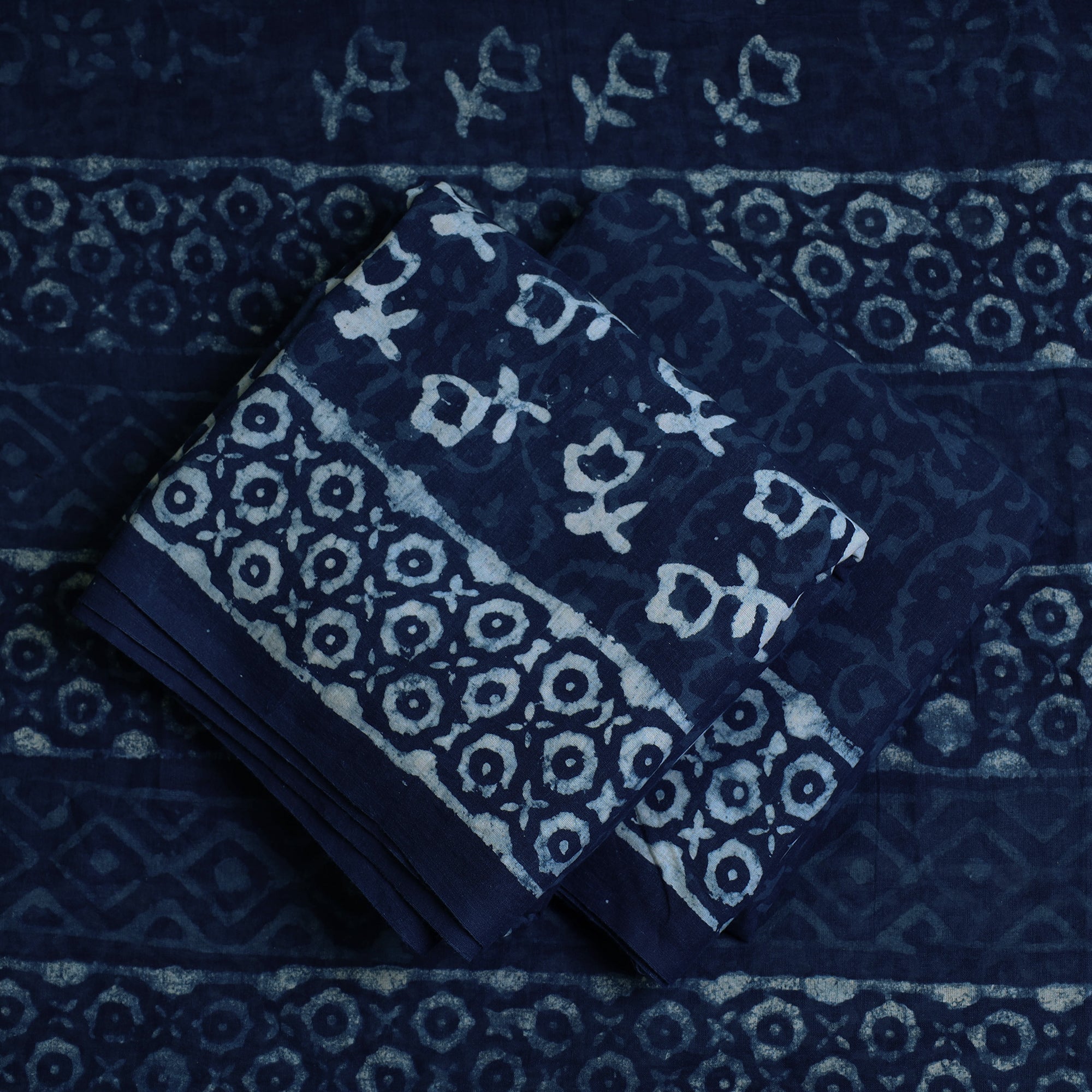ARTISAN HAND BLOCK PRINTS Blue - 3pc Cotton Indigo Bagru Print Dress Material Set 13 - view 2