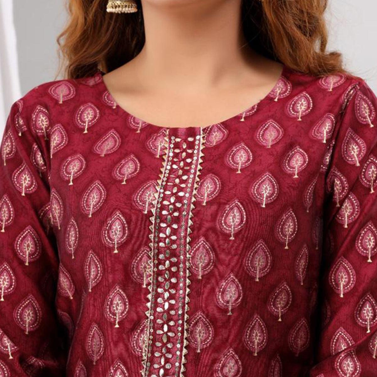 Peachmode Maroon Partywear Sequins Embroidered Cotton Kurti Palazzo Suit - view 3